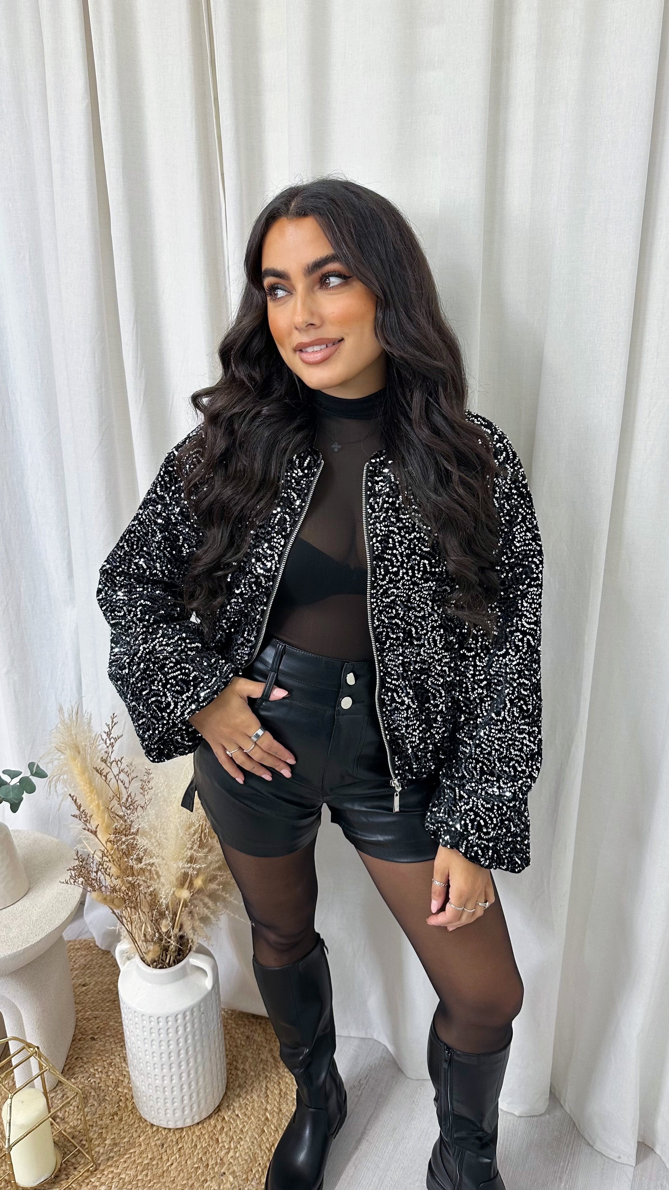 Balloon Sleeve Sequin Bomber Jacket - SILVER