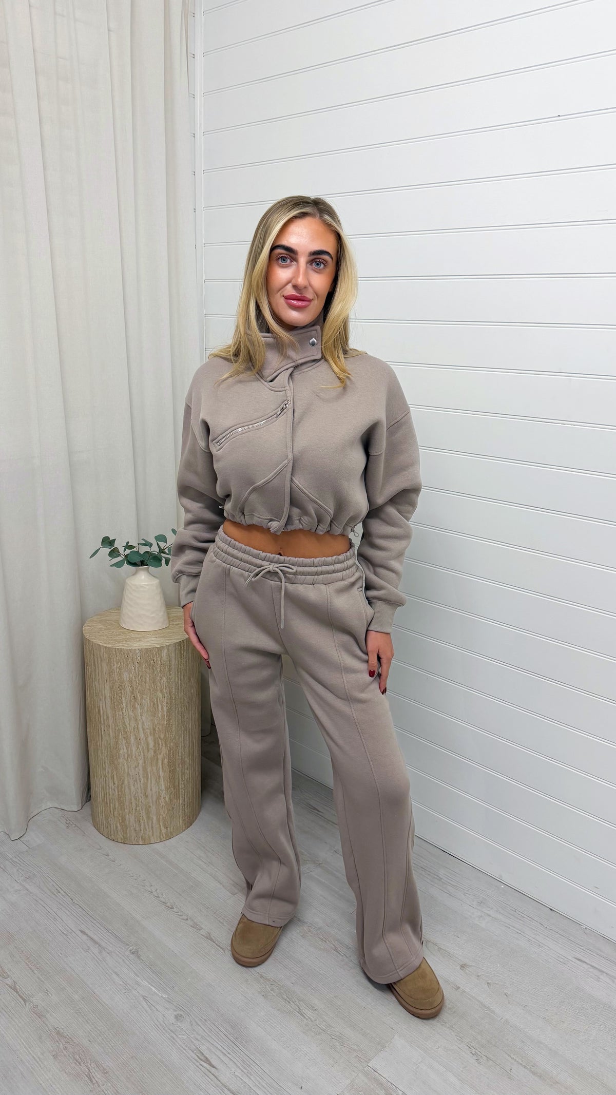Funnel Neck Crop Jacket and Joggers Tracksuit - DOVE GREY