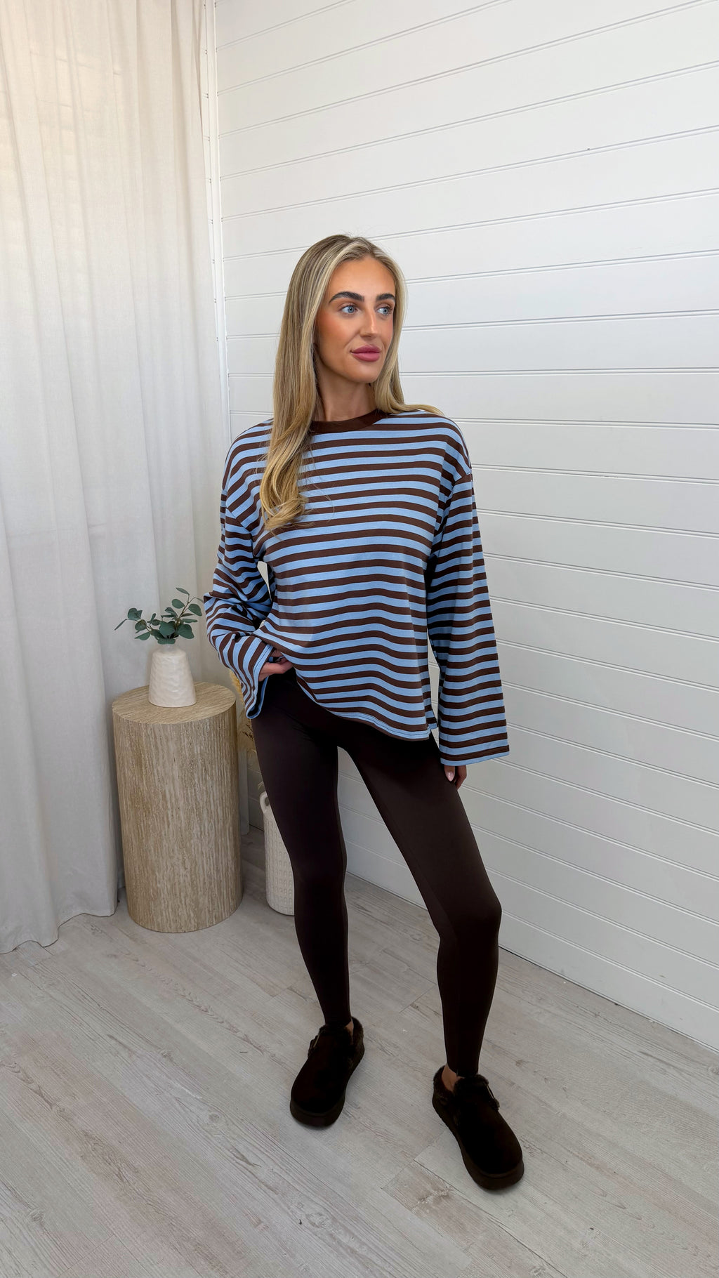Relaxed Long Sleeve Stripe T-Shirt - BLUE/BROWN