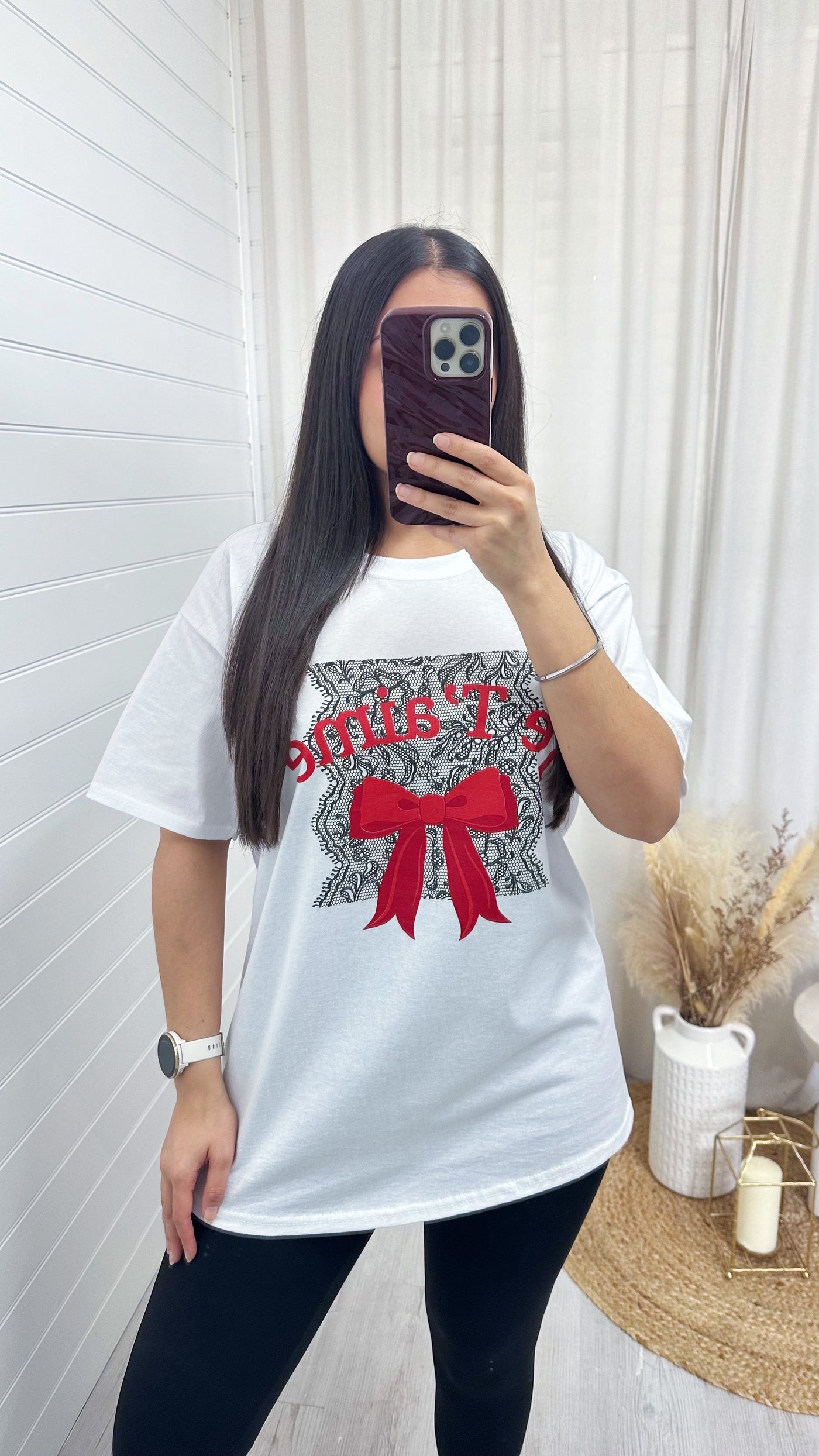 Oversized Je Taime Lace Bow T-Shirt - WHITE