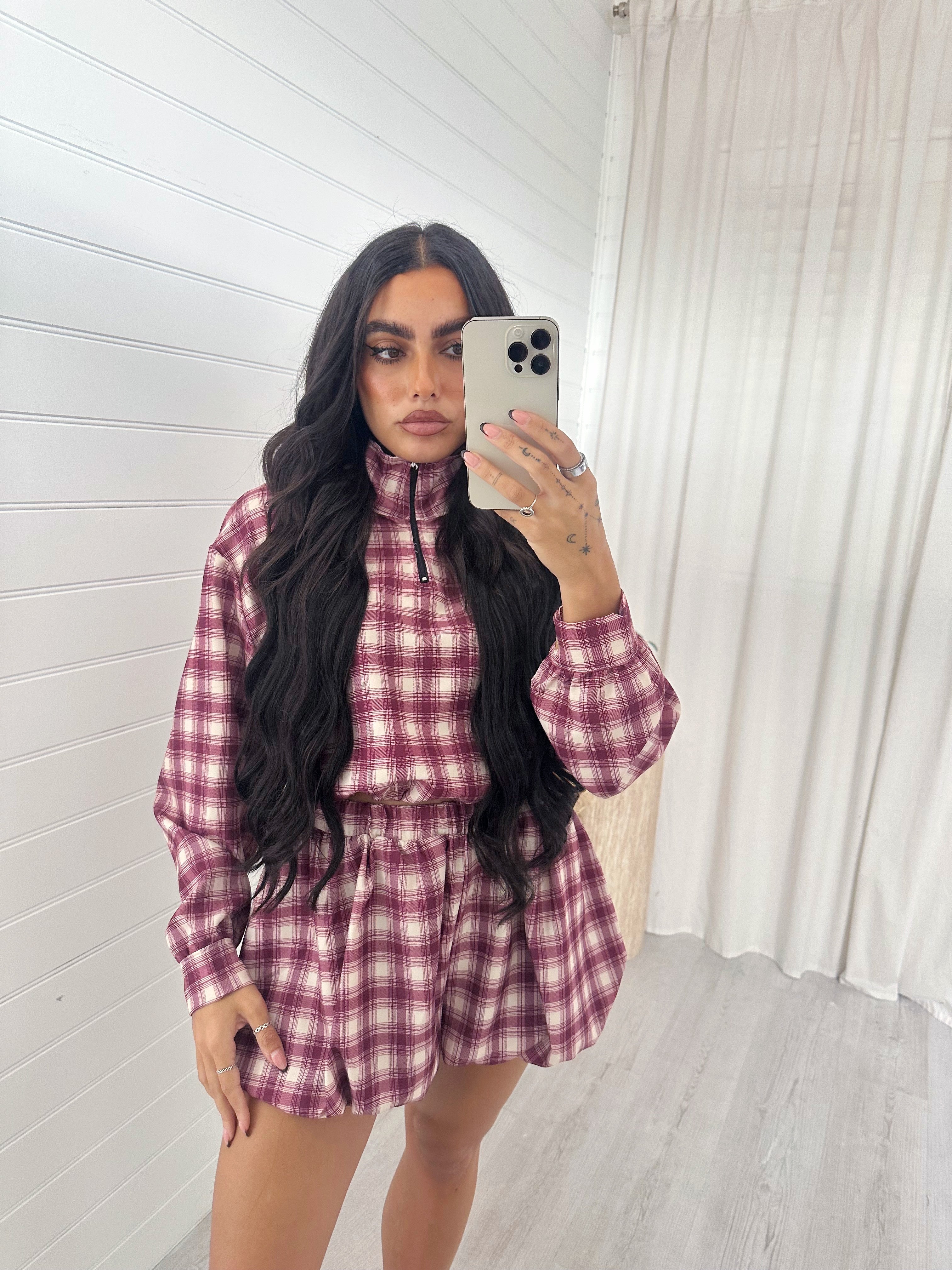 Check Short Co-ord - BURGUNDY