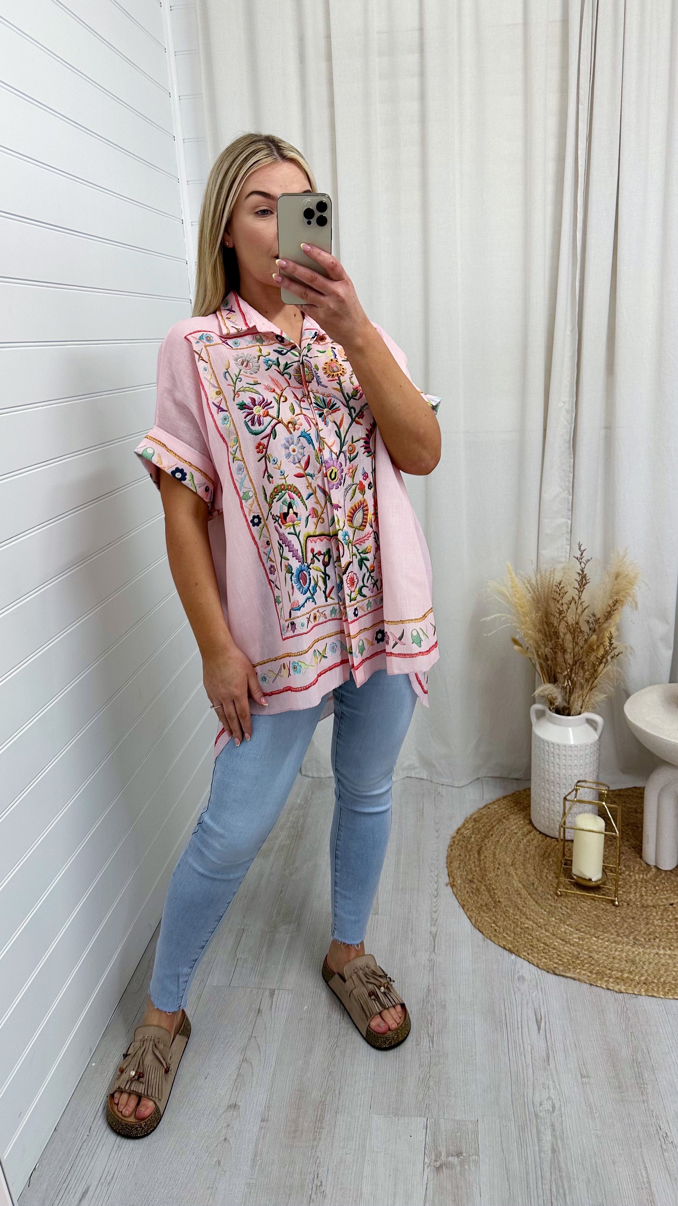 Tapestry Print Linen Shirt - PINK