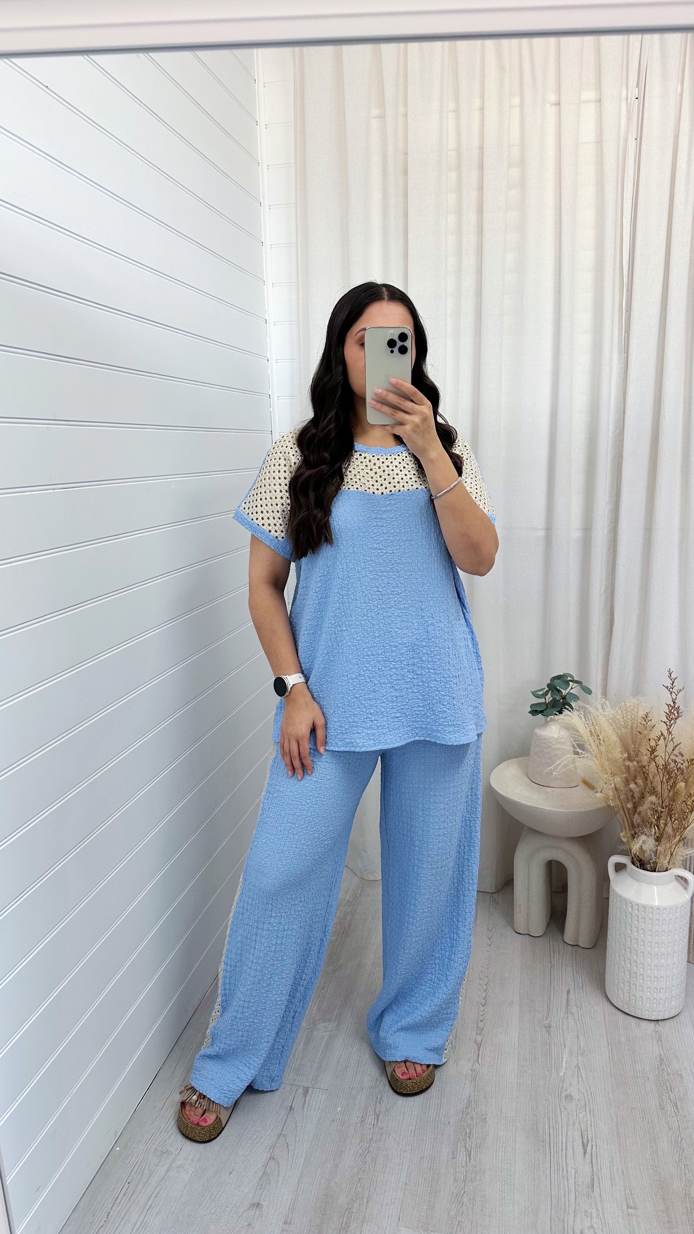 Metallic Mesh T-Shirt and Trouser Co-Ord - BABY BLUE