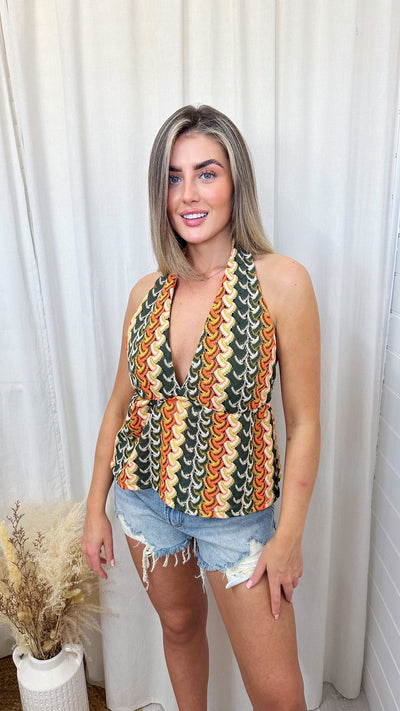 Crochet Halter Neck Peplum Top - ORANGE