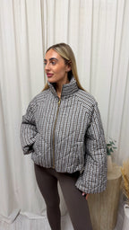 Quilted Gingham Bomber Jacket - GREY