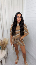 Waffle Stripe Crop Top and Shorts Co-Ord - TAN