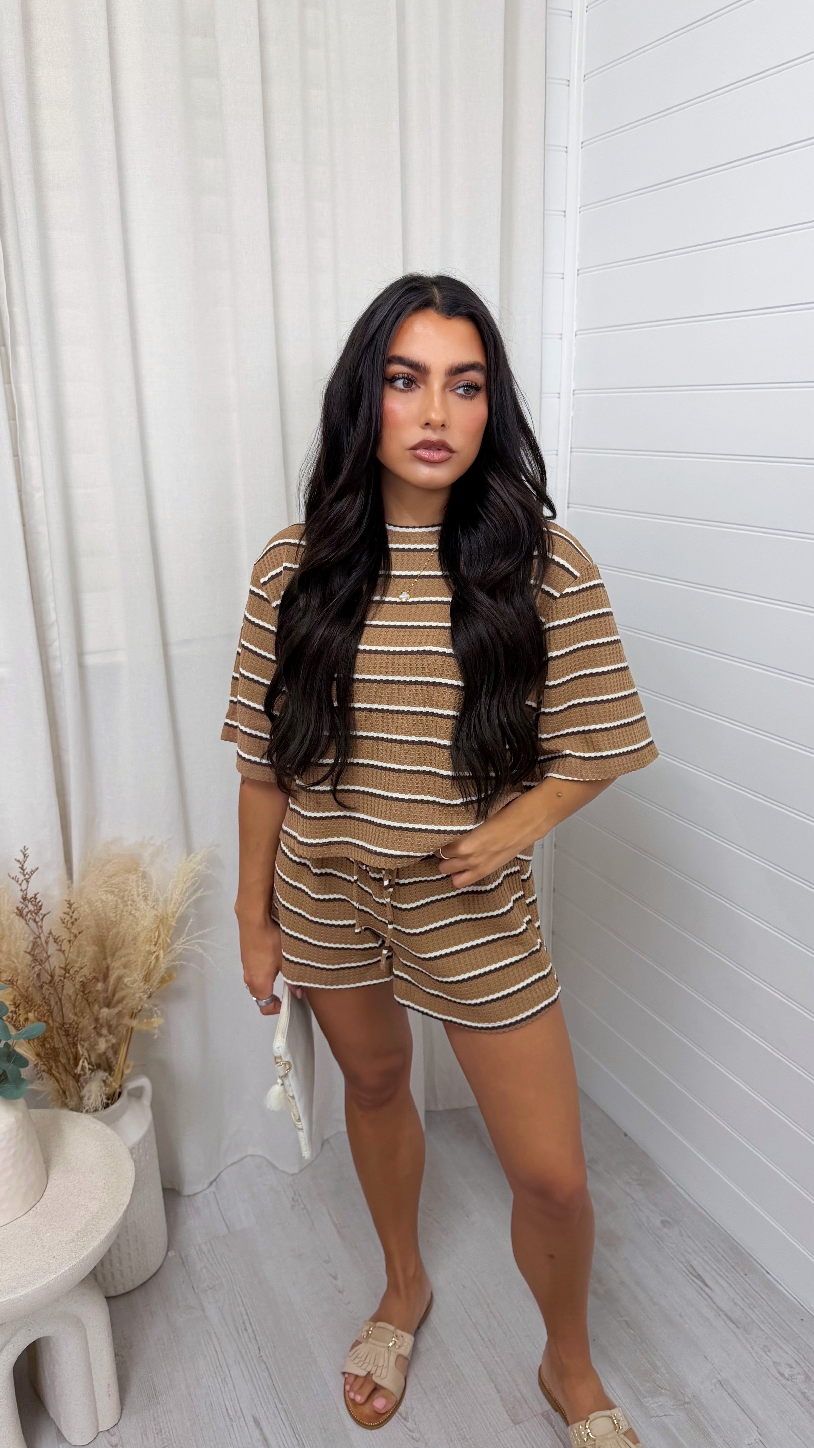 Waffle Stripe Crop Top and Shorts Co-Ord - TAN