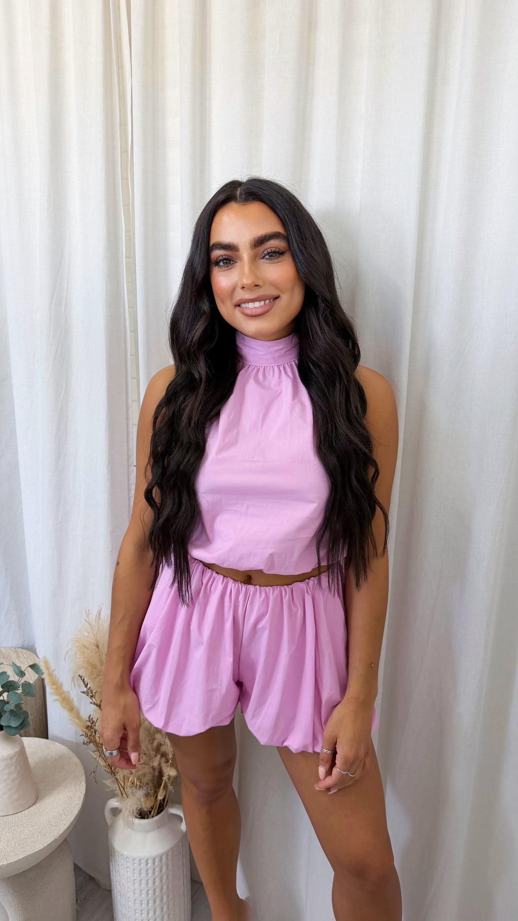 Puff Ball Halter Neck Top and Shorts Co-Ord - PINK