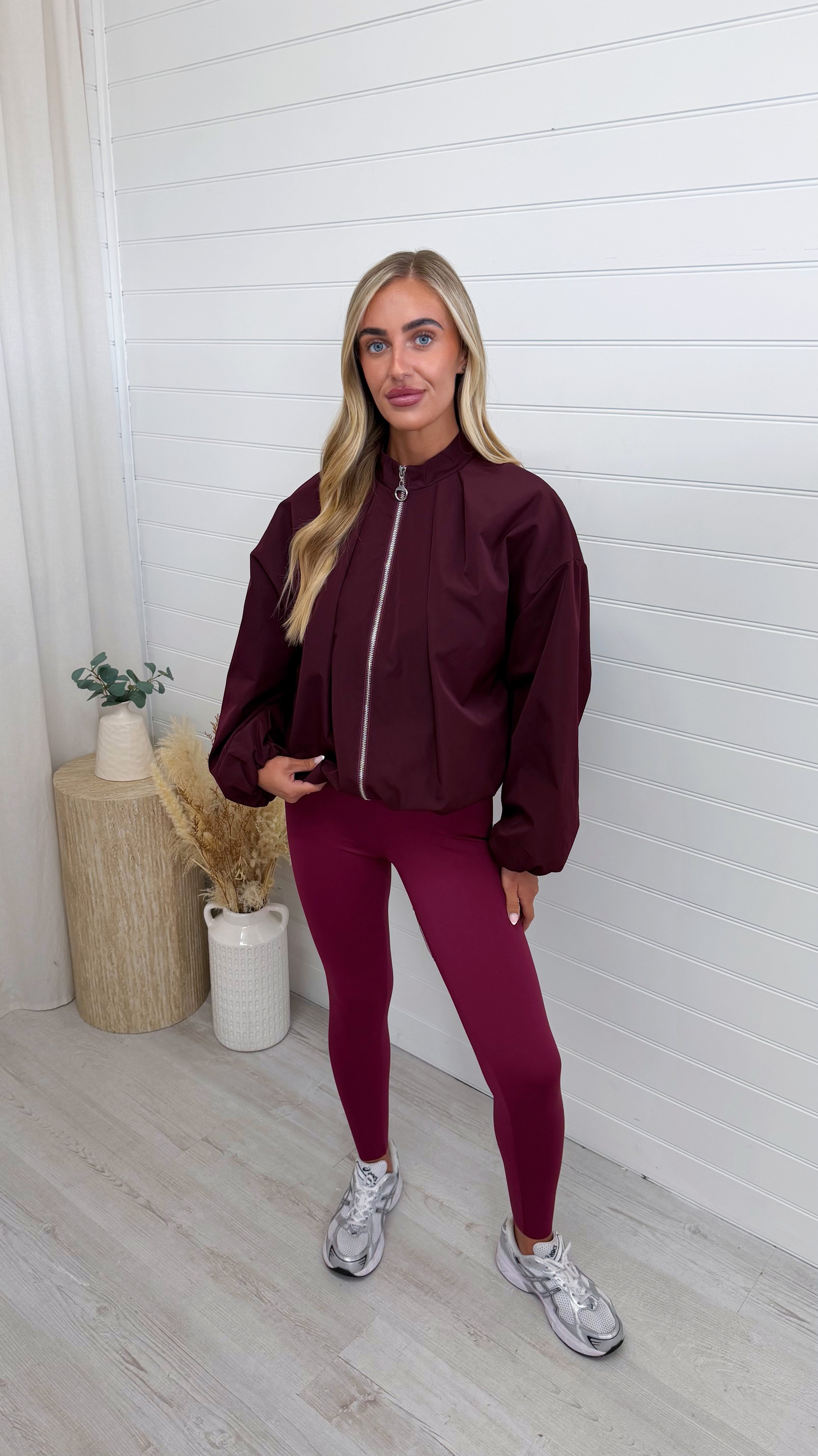 Pleated Shoulder Bomber Jacket - BURGUNDY