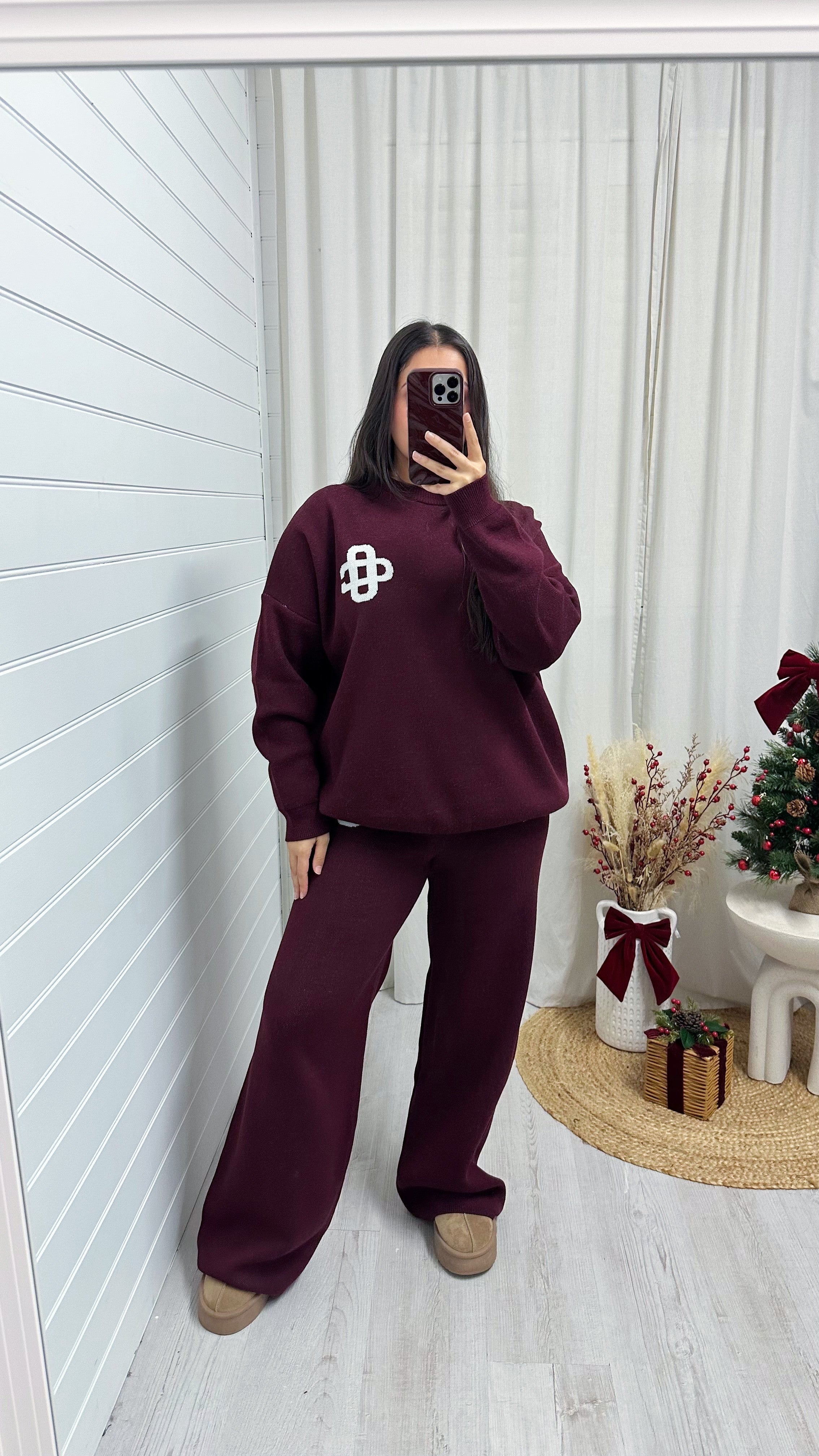 Knitted Logo Sweatshirt and Wide Leg Trousers Co-Ord - BURGUNDY