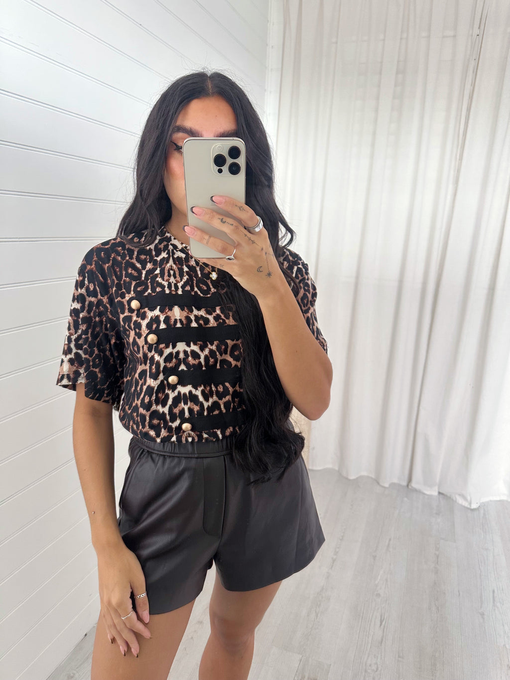 Leopard Print Button Front T-Shirt - BROWN/BLACK
