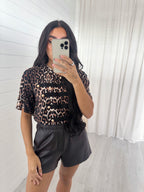Leopard Print Button Front T-Shirt - BROWN/BLACK