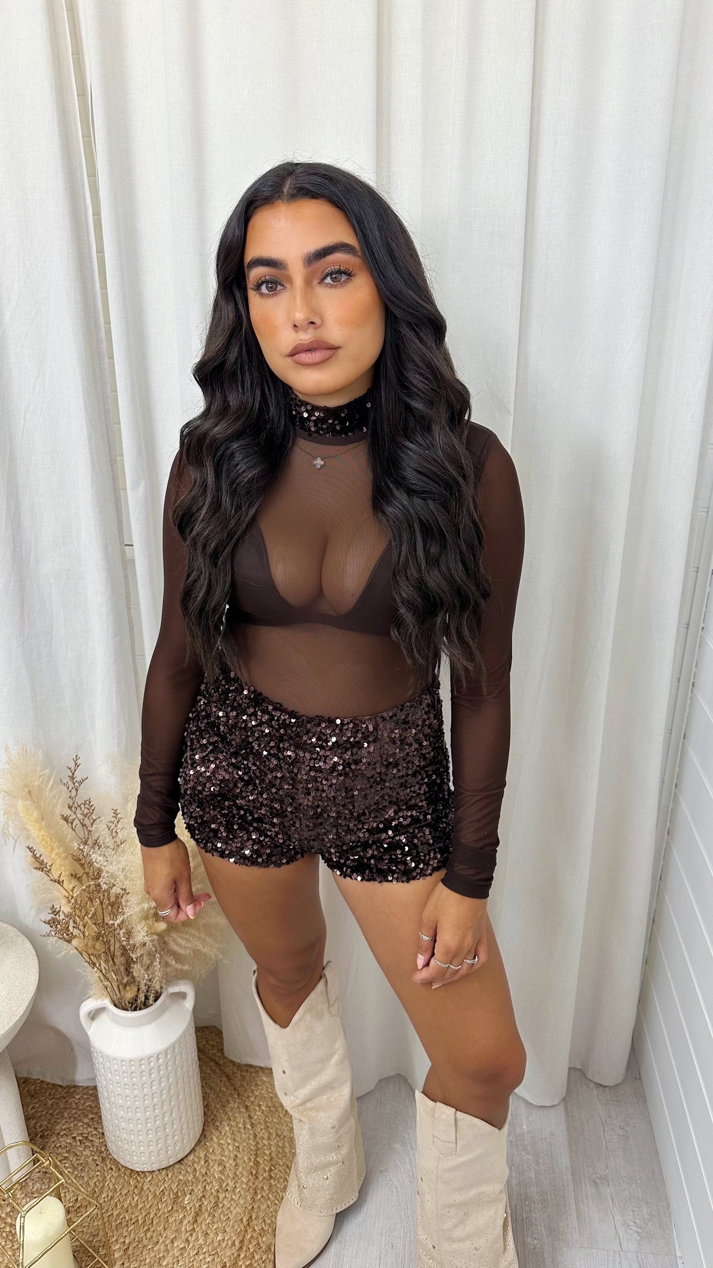 3 Piece Sequin Mesh Bodysuit, Bralette and Shorts Co-Ord - BROWN