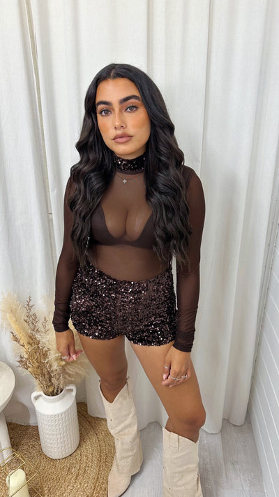 3 Piece Sequin Mesh Bodysuit, Bralette and Shorts Co-Ord - BROWN