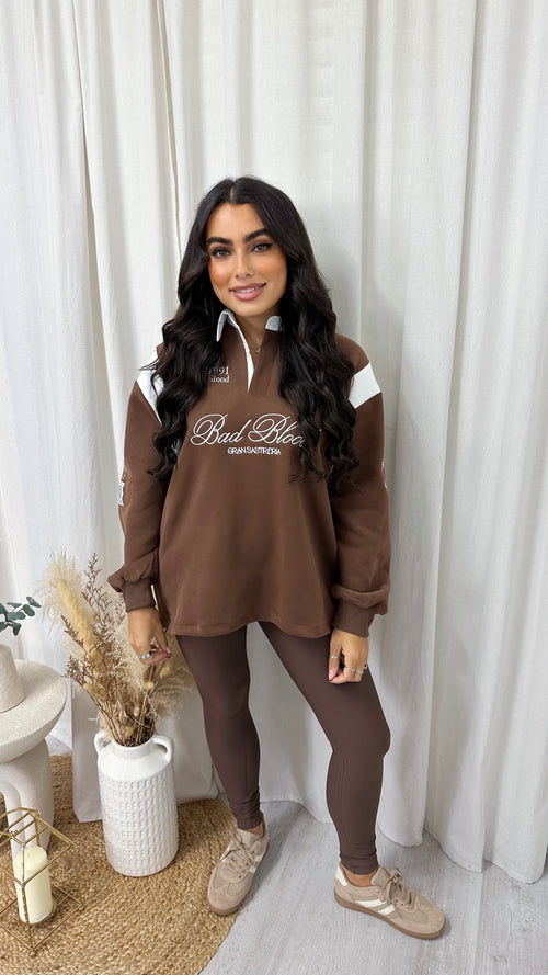 'Bad Blood' Embroidered Slogan Collared Sweatshirt - BROWN