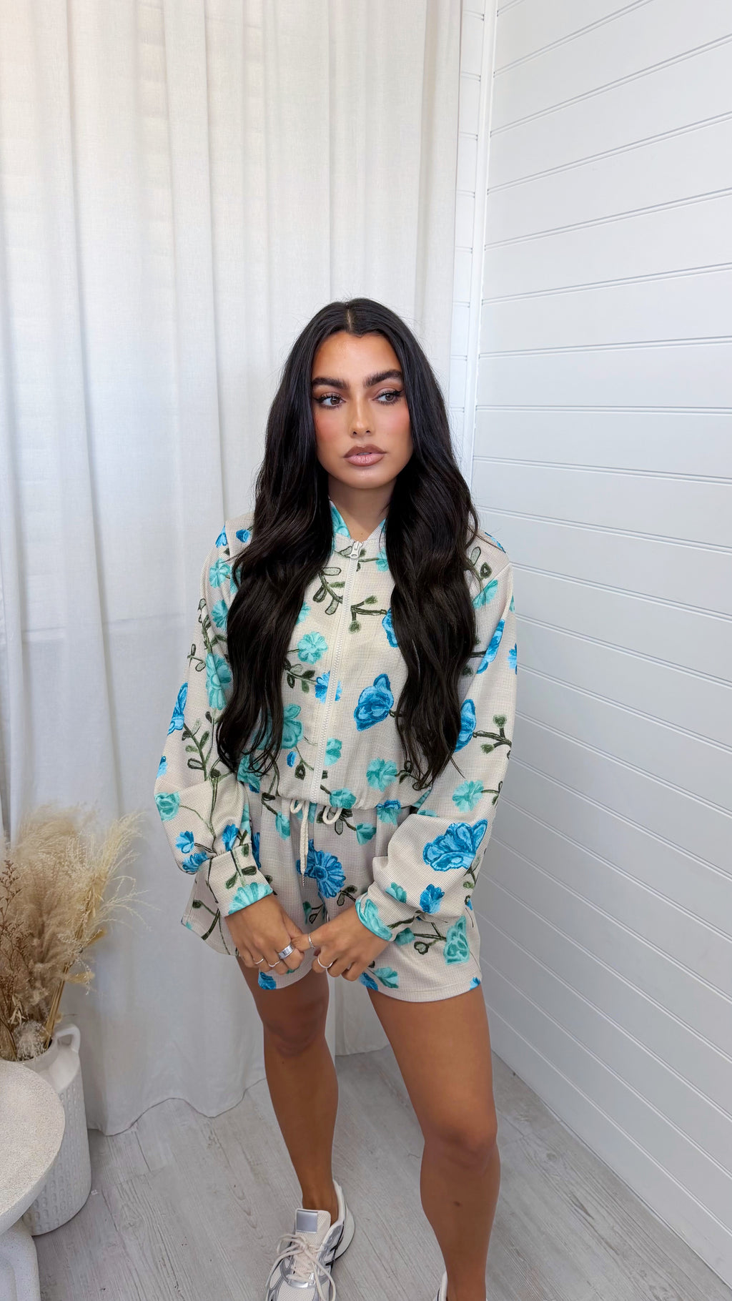 Floral Print Bomber Jacket and Shorts Co-Ord - BLUE