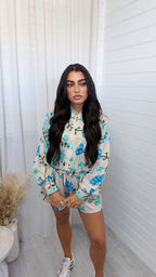 Floral Print Bomber Jacket and Shorts Co-Ord - BLUE