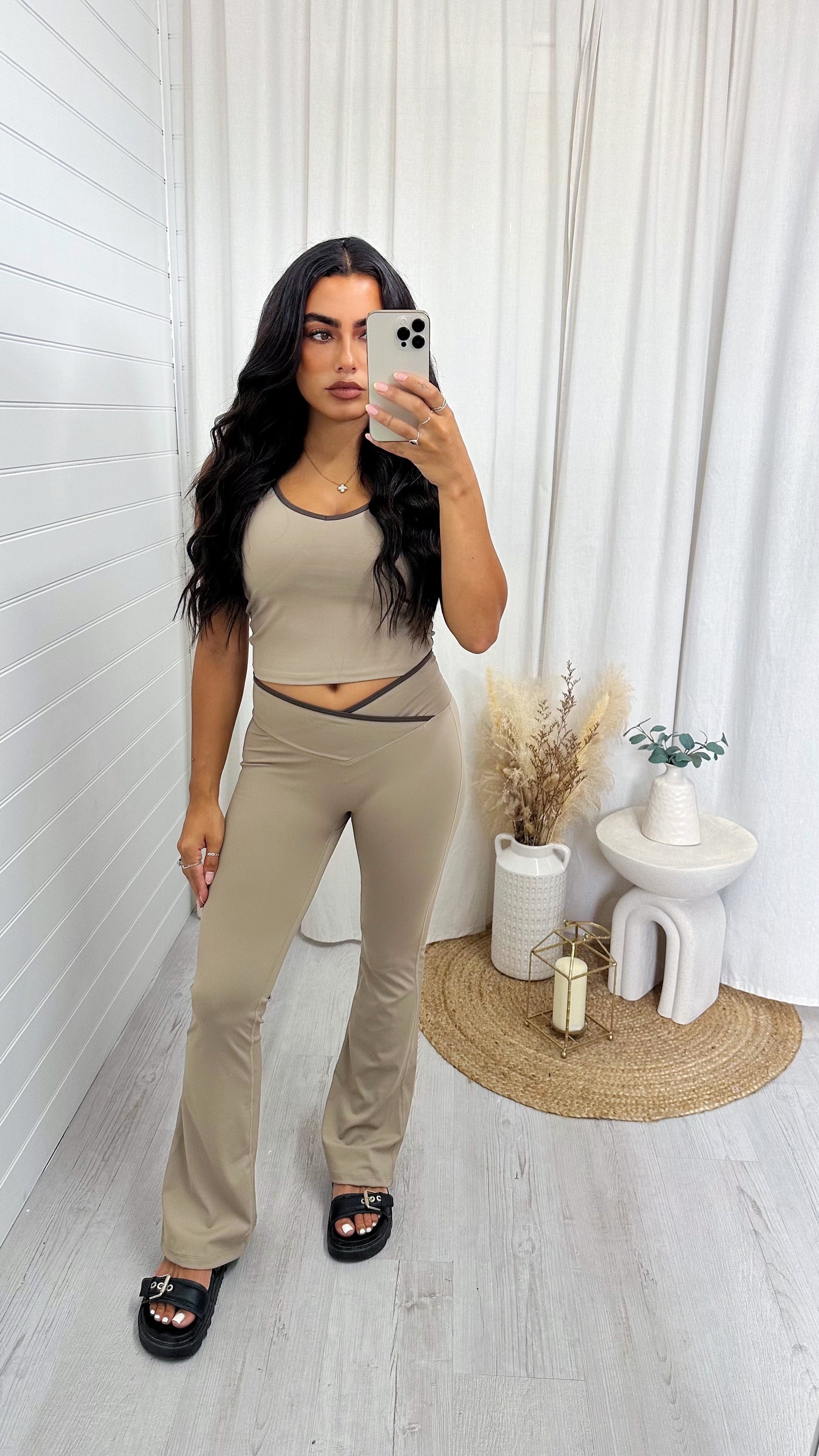 Wrap Over Flares and Padded Tank Top Co-Ord - MOCHA/BROWN
