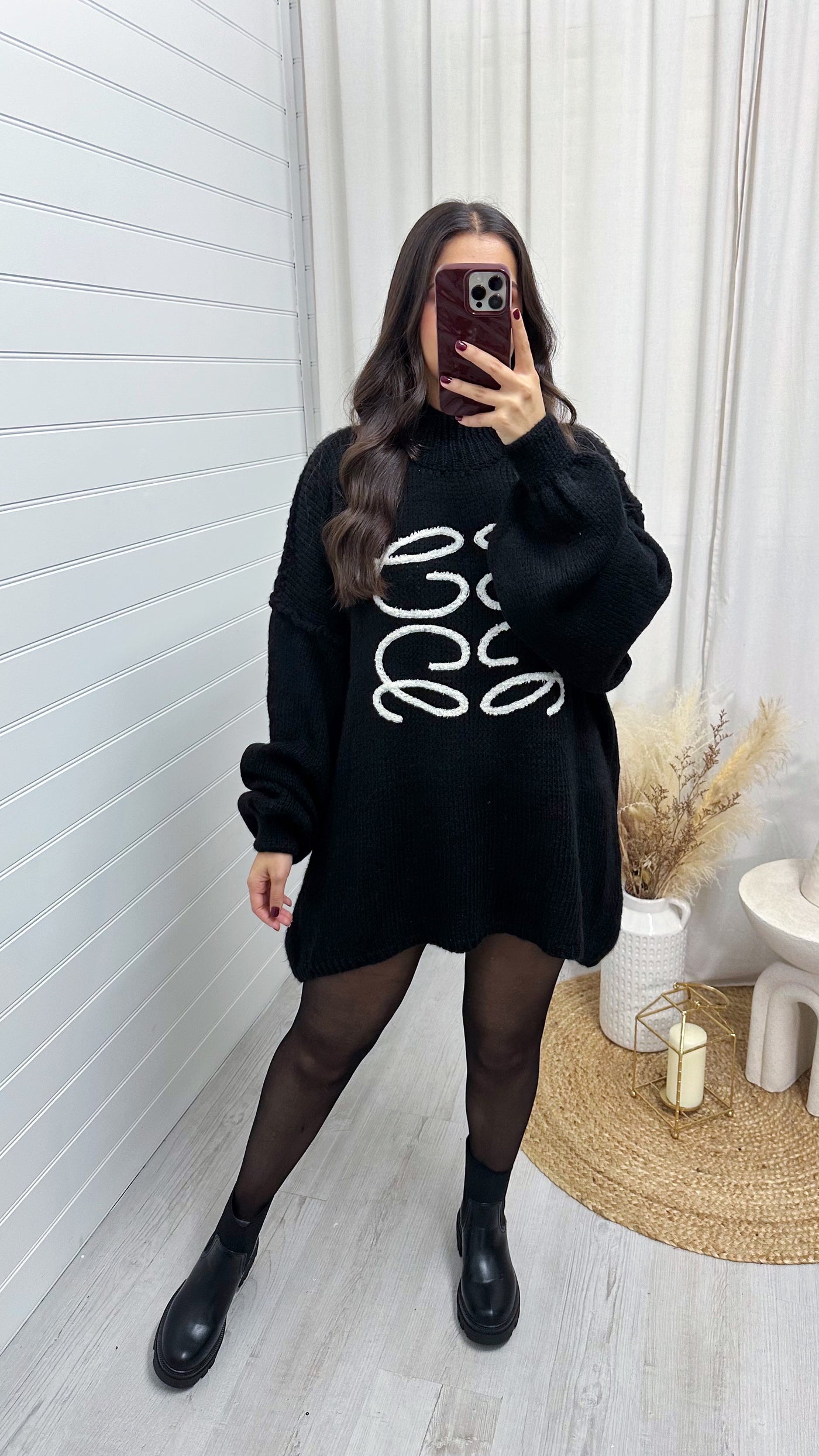 Swirl Embroidered Oversized Jumper - BLACK