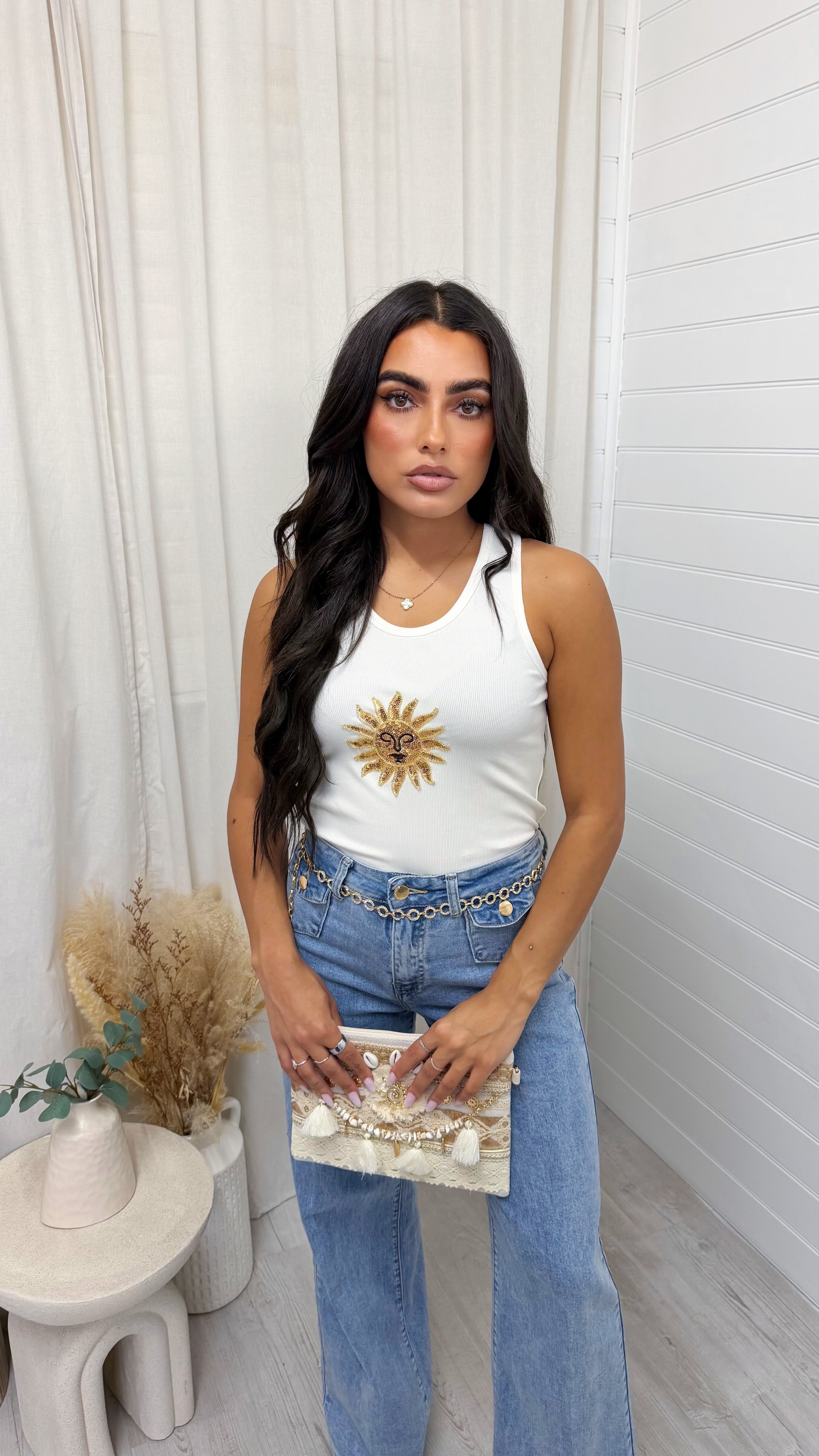 Celestial Sun Beaded Rib Vest Top - WHITE