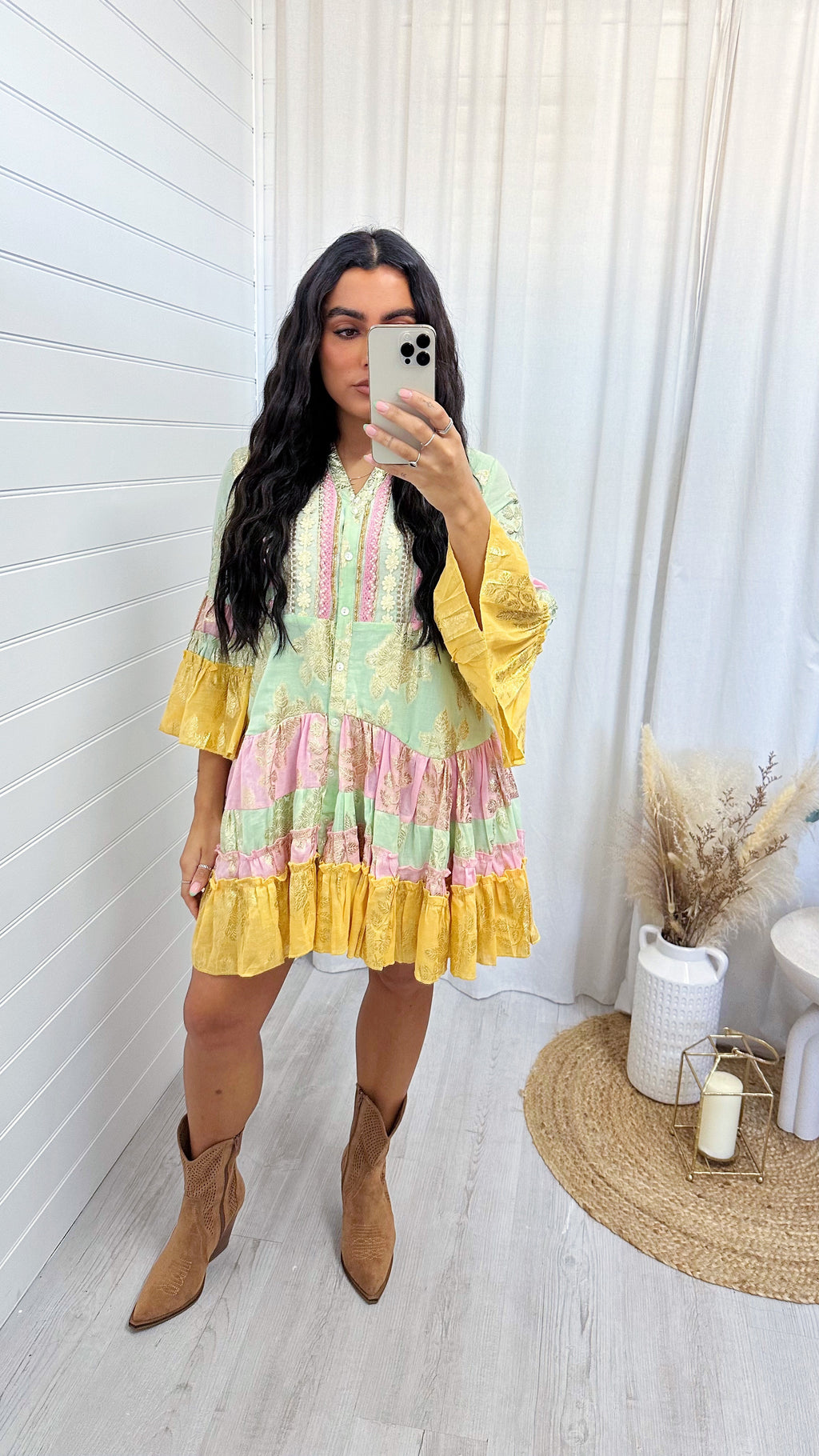 Foil Leaf Beaded Boho Smock Dress - PINK/YELLOW