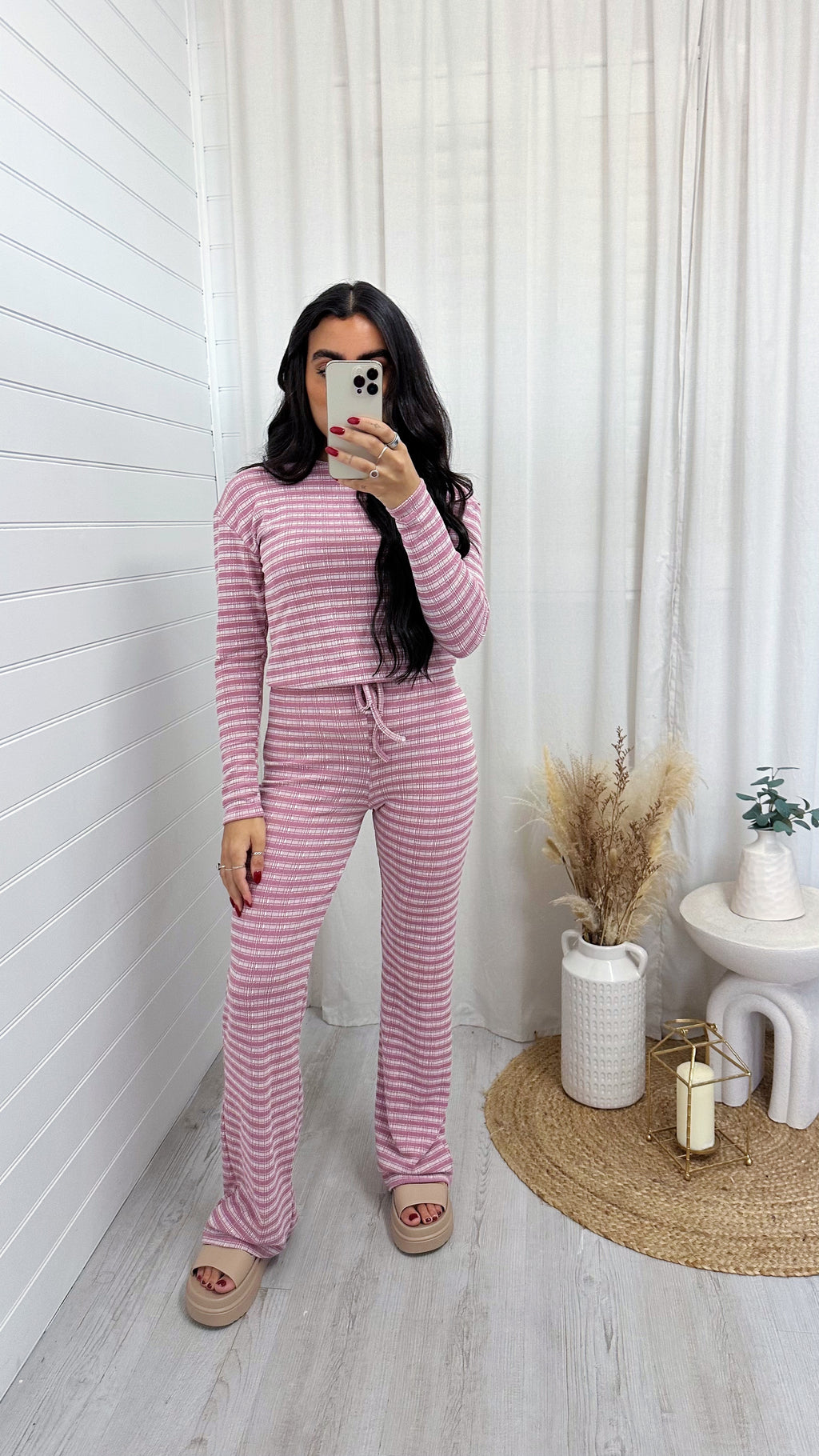 Textured Stripe Long Sleeve Top and Trousers Co-Ord - PINK