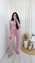 Textured Stripe Long Sleeve Top and Trousers Co-Ord - PINK