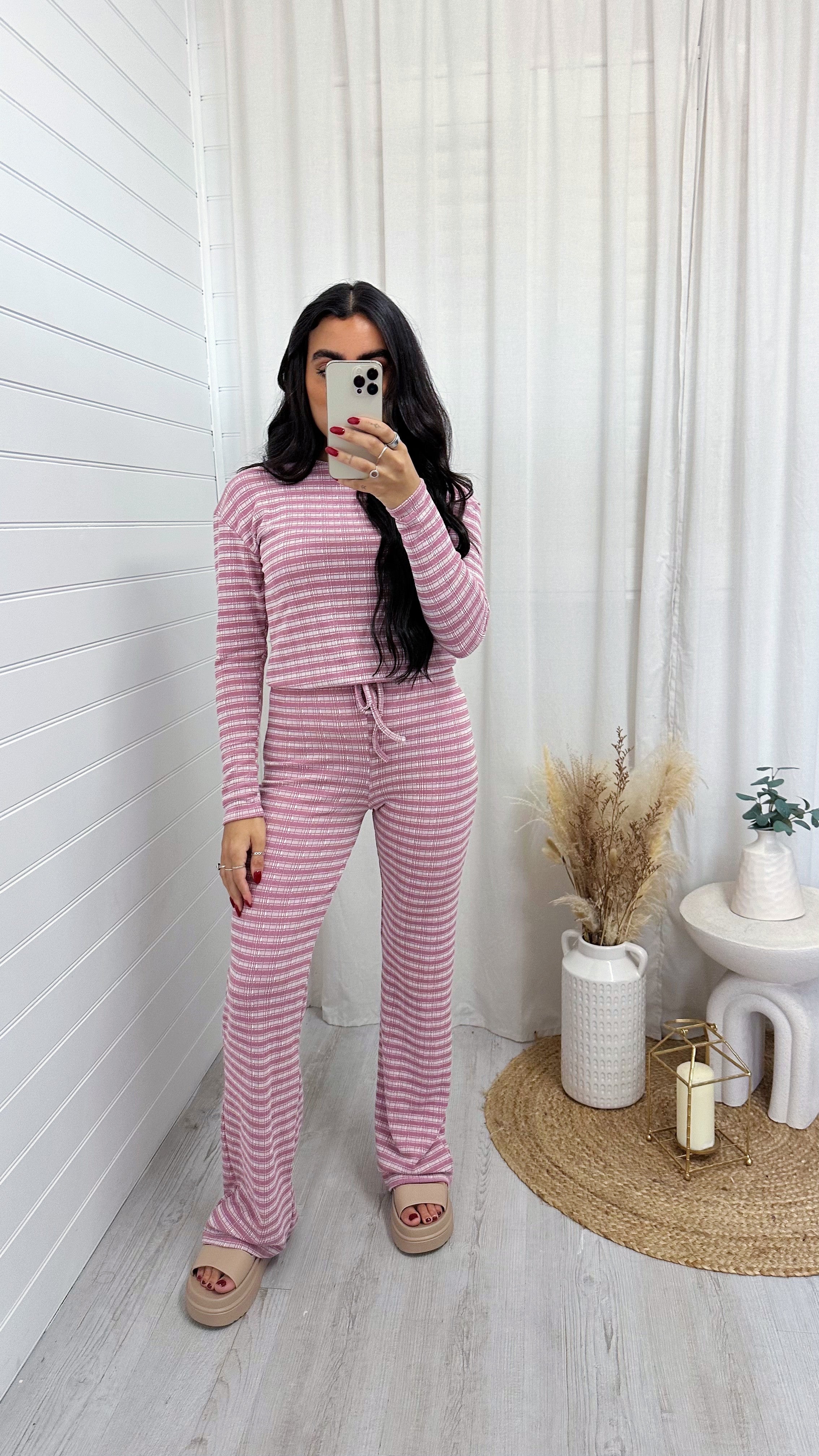 Textured Stripe Long Sleeve Top and Trousers Co-Ord - PINK