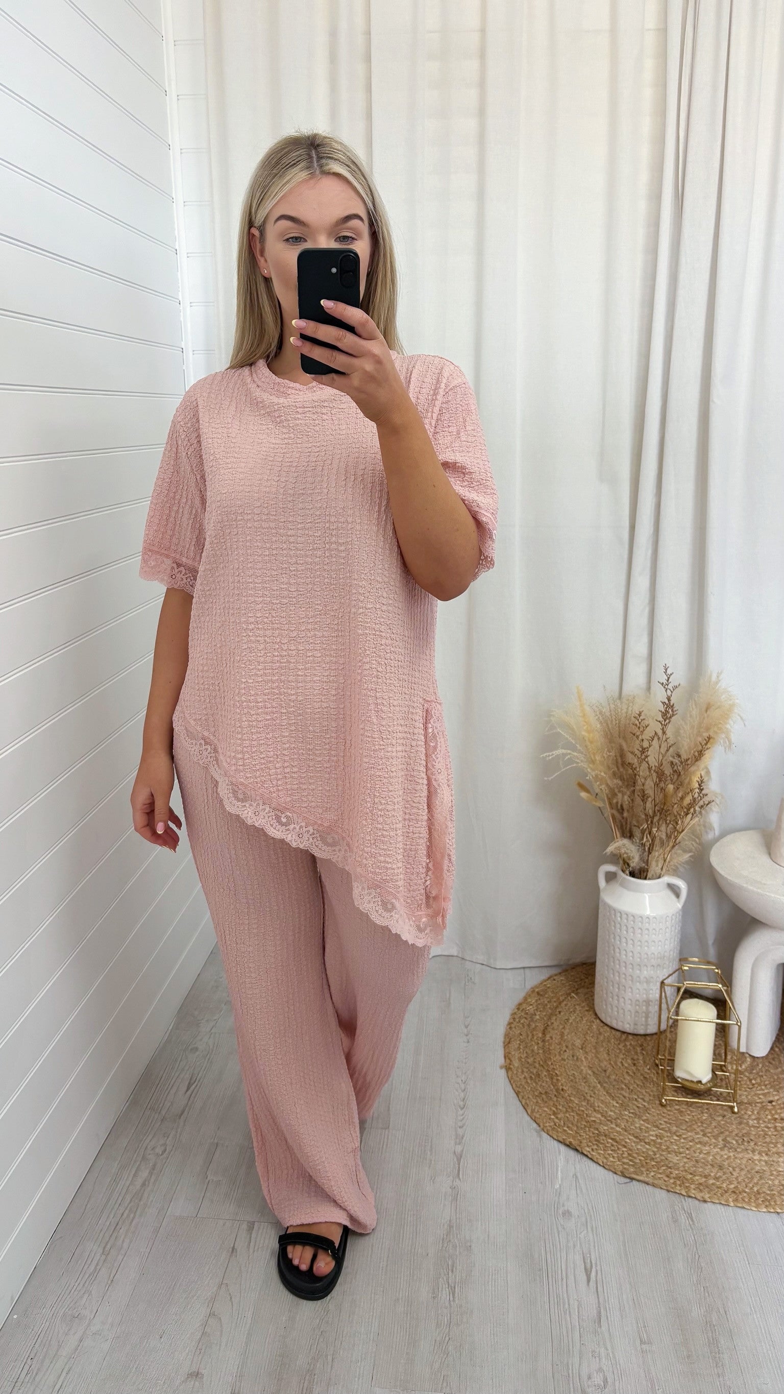 Lace Hem Asymmetric Co-Ord - PINK