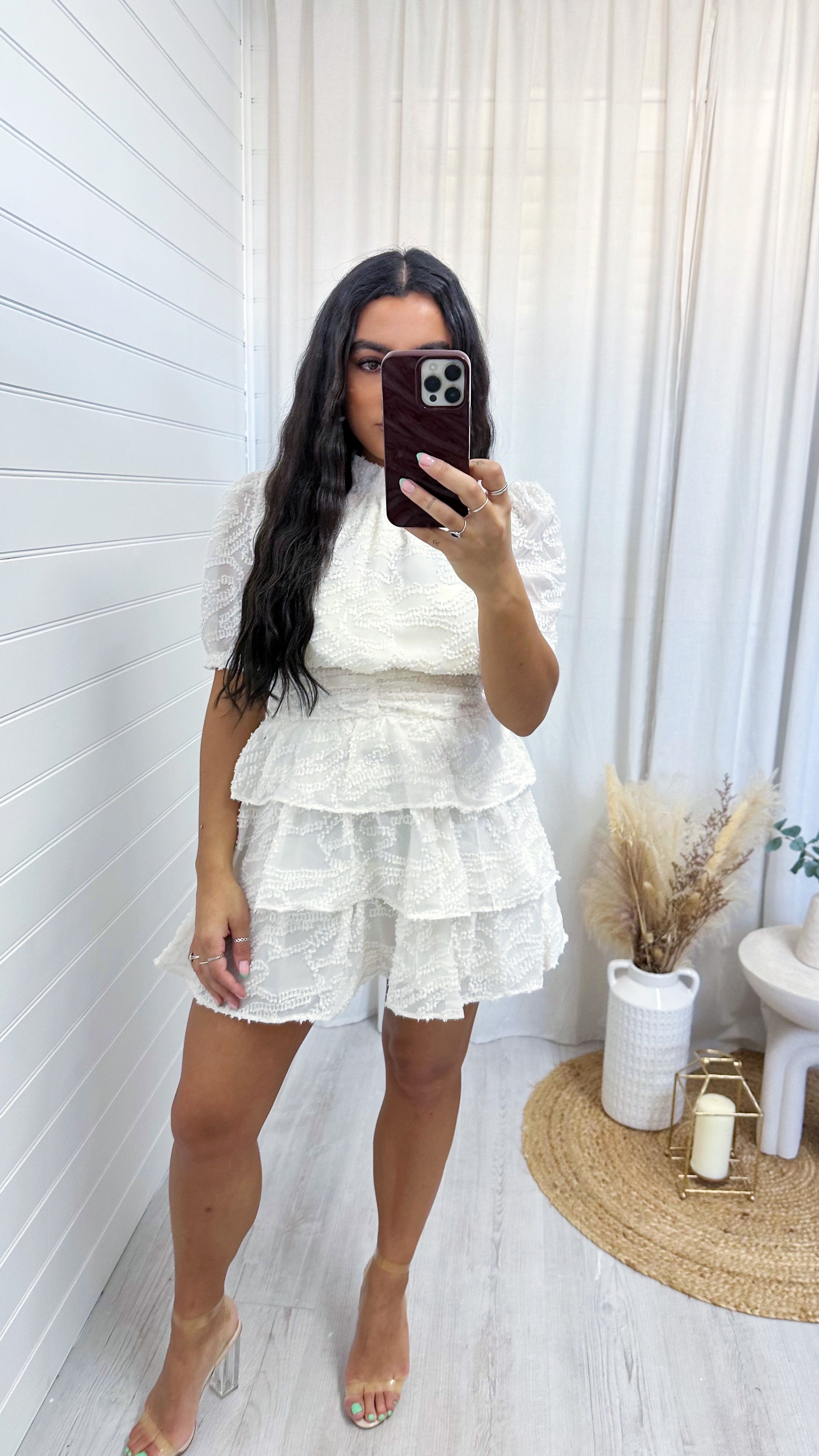Cinched Waist Frill Tiered Dress - CREAM