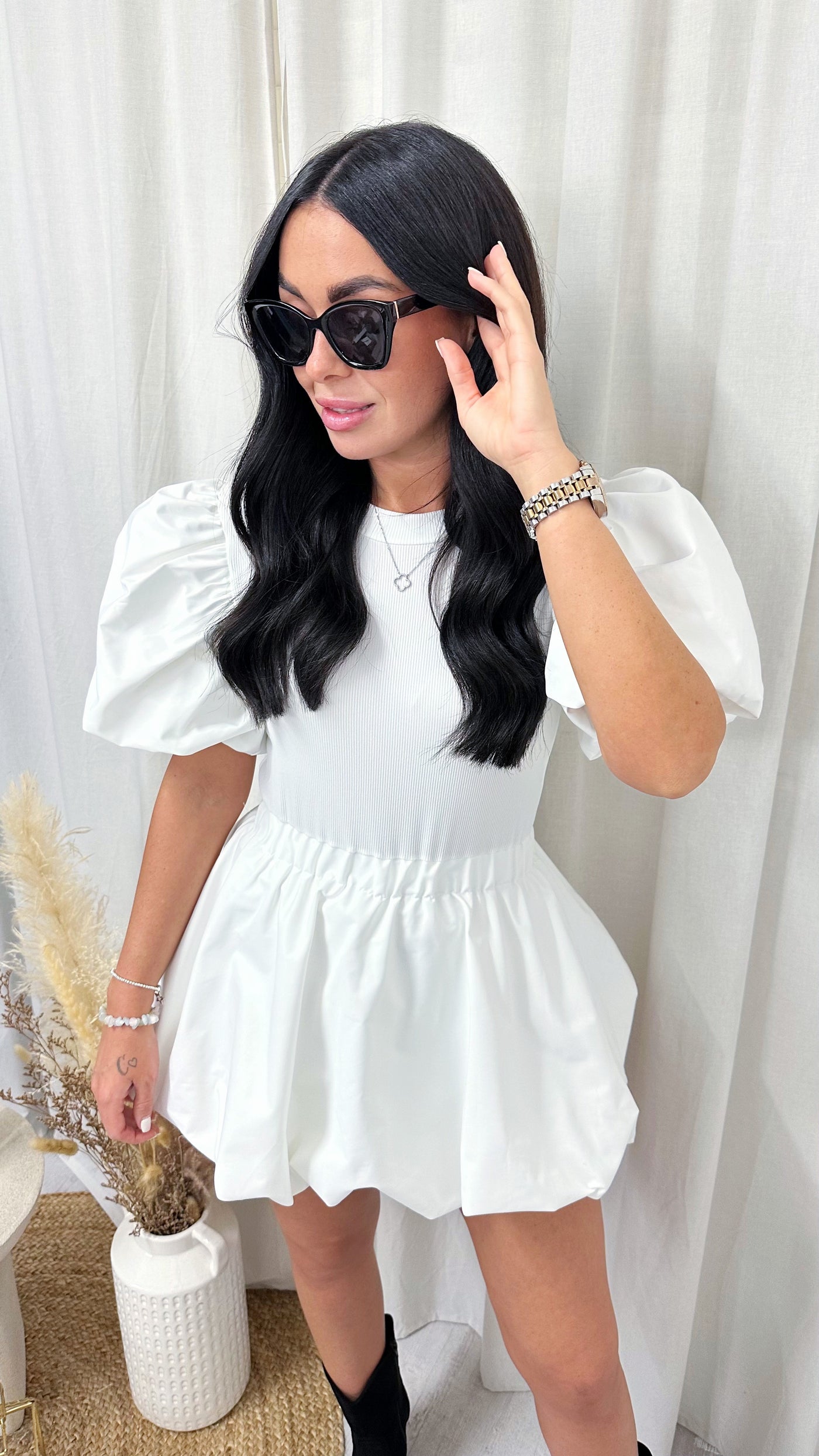 Puff Ball Mini Dress - WHITE