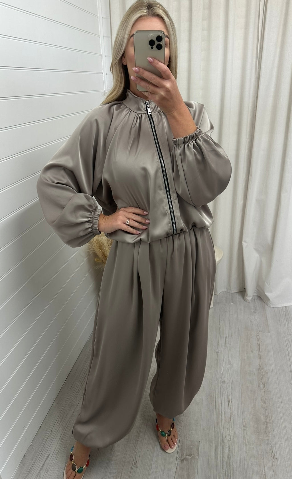 Satin Balloon Trouser Co-Ord - GREIGE