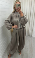 Satin Balloon Trouser Co-Ord - GREIGE