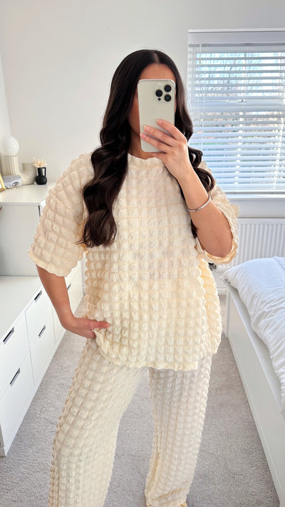 Cheesecloth Bubble Top and Trousers Co-Ord - BEIGE