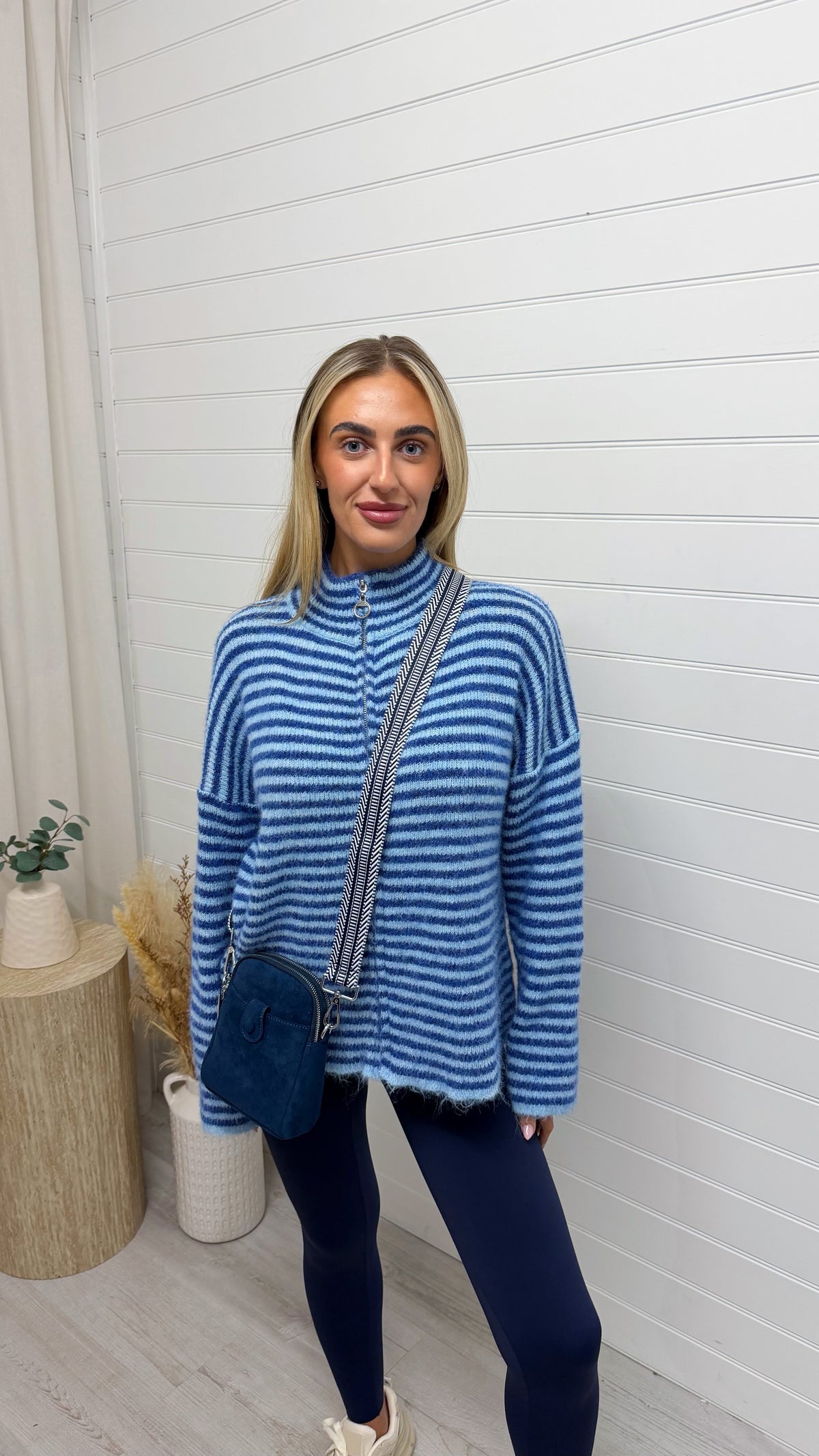 Stripe Zip Woollen Jacket  - BLUE