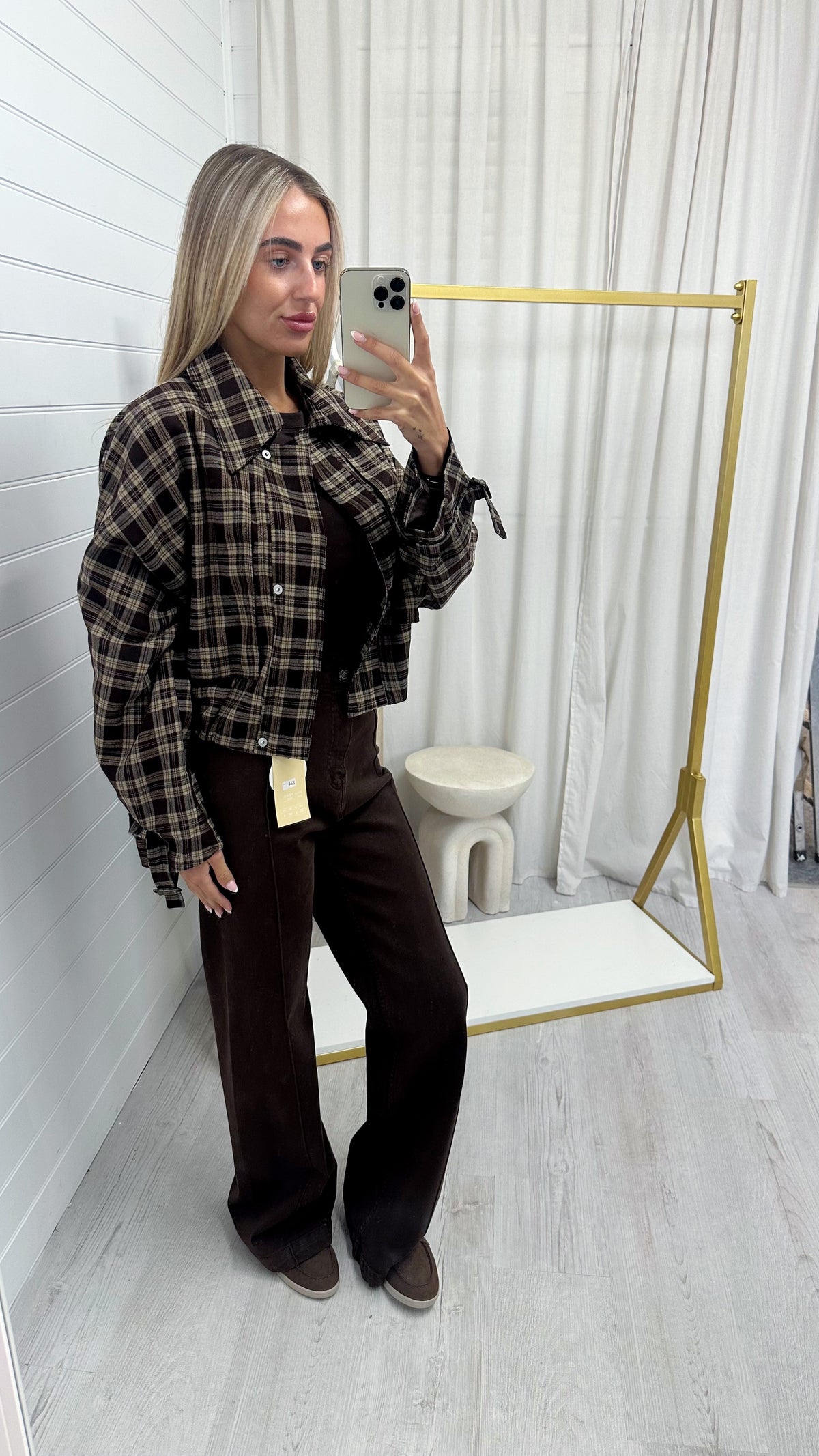 Checked Cropped Jacket - BROWN