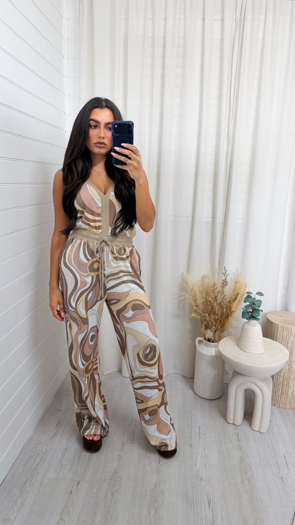 Shimmery Swirl Vest Top and Trousers Co-Ord - BEIGE