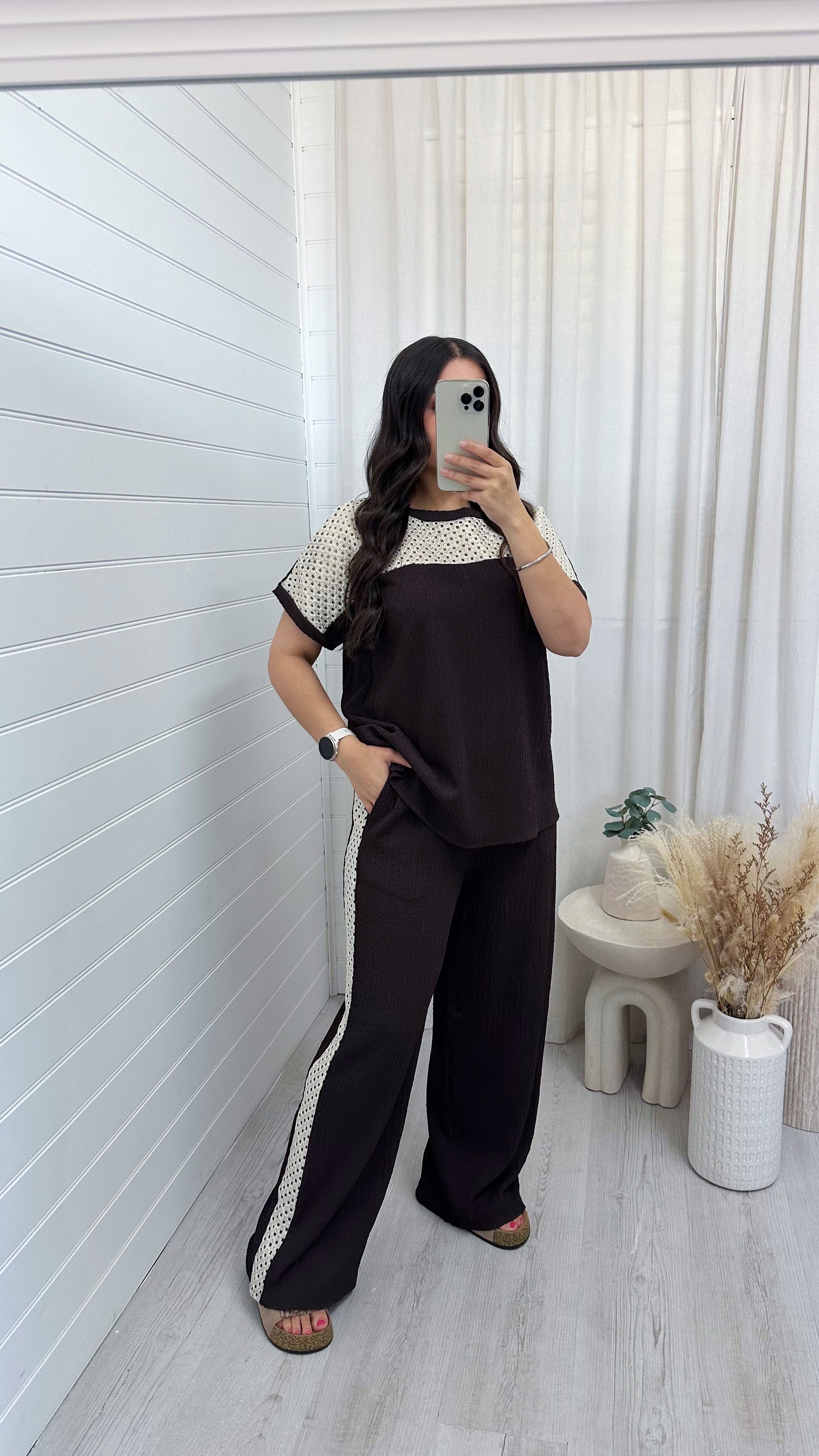 Metallic Mesh T-Shirt and Trouser Co-Ord - DARK BROWN