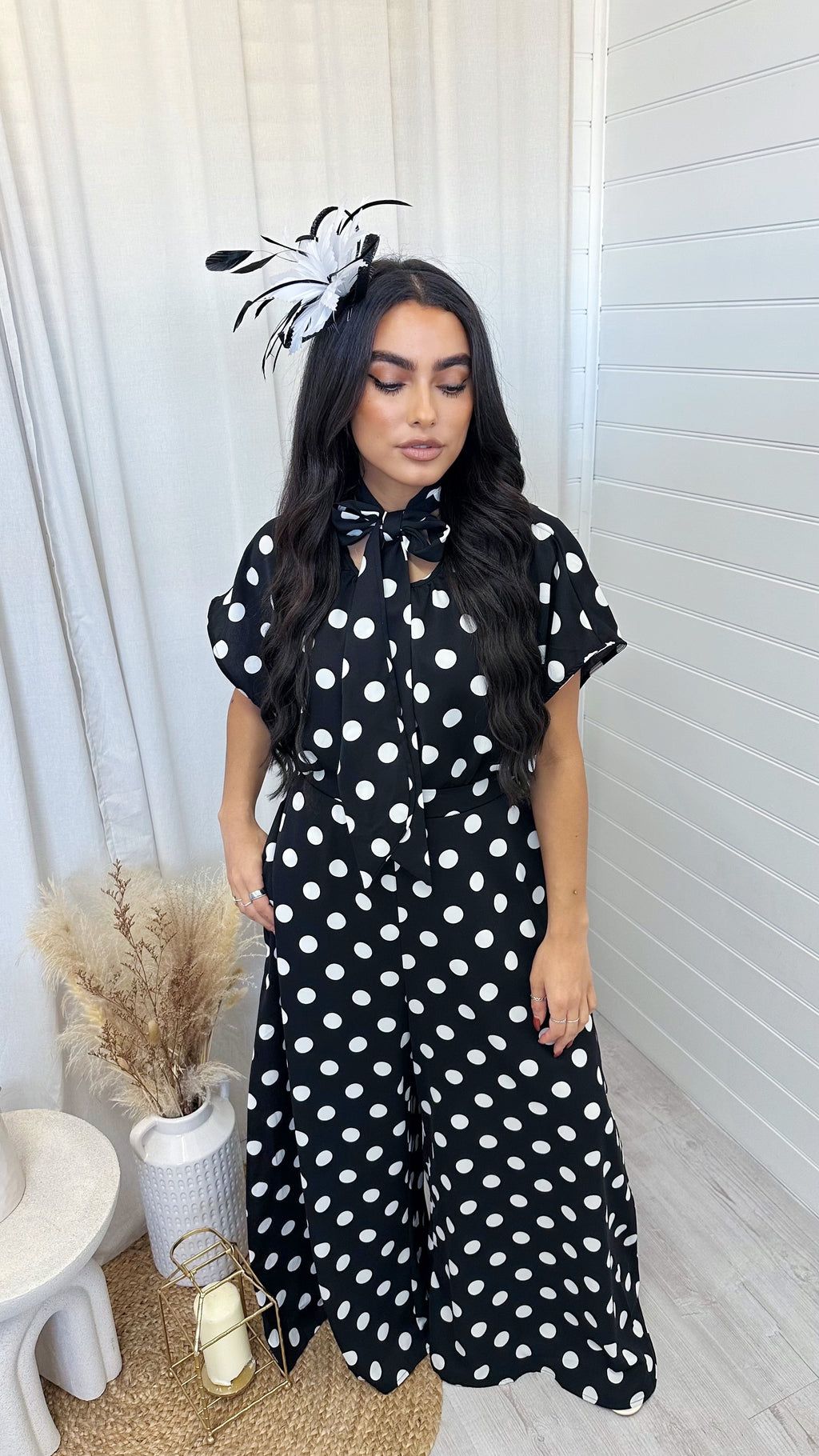 Polka Dot Bow Top and Wide Leg Trousers Co-Ord - BLACK/WHITE