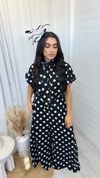 Polka Dot Bow Top and Wide Leg Trousers Co-Ord - BLACK/WHITE