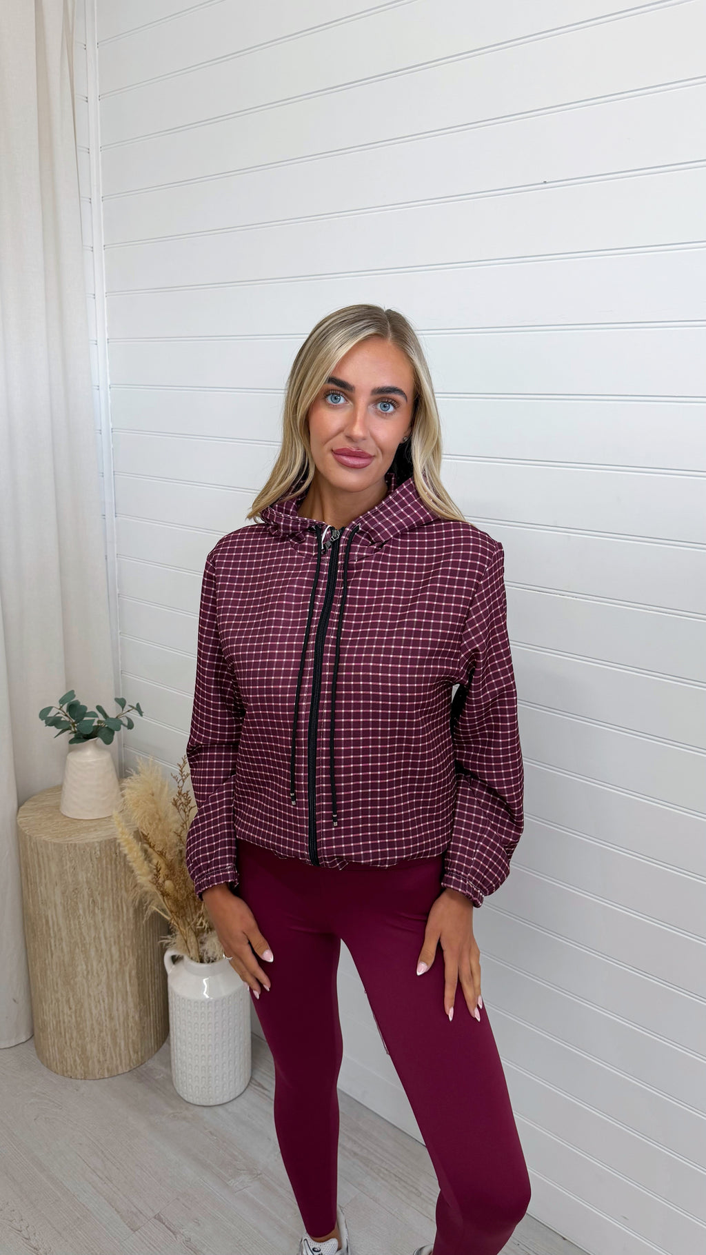 Hooded Check Bomber Jacket - WINE