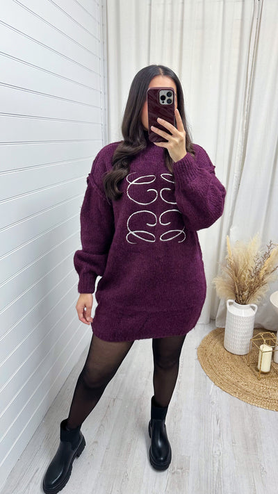 Swirl Embroidered Mohair Jumper Dress - WINE