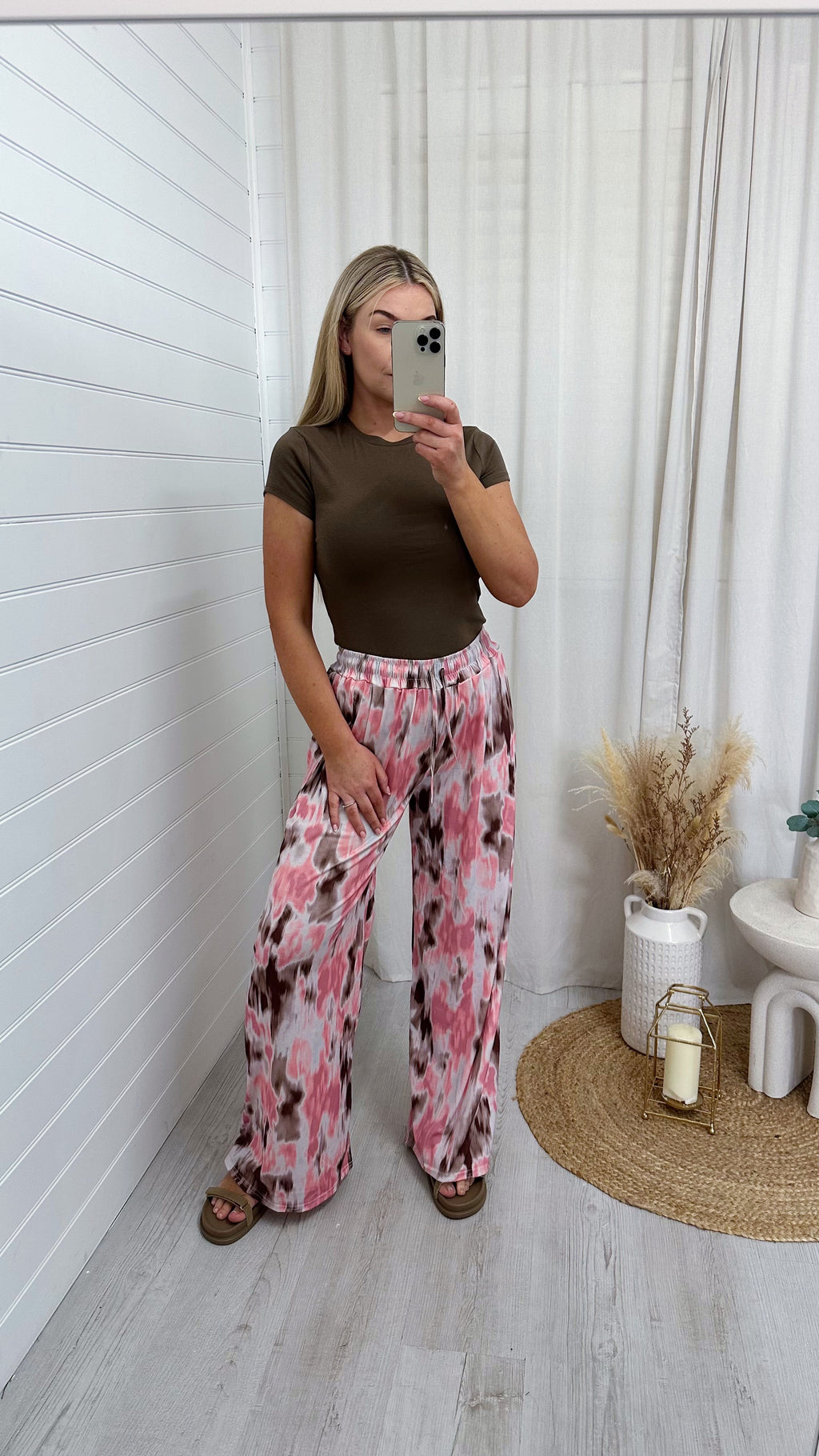 Stretchy Wide Leg Pink  Water Colour Print Trousers