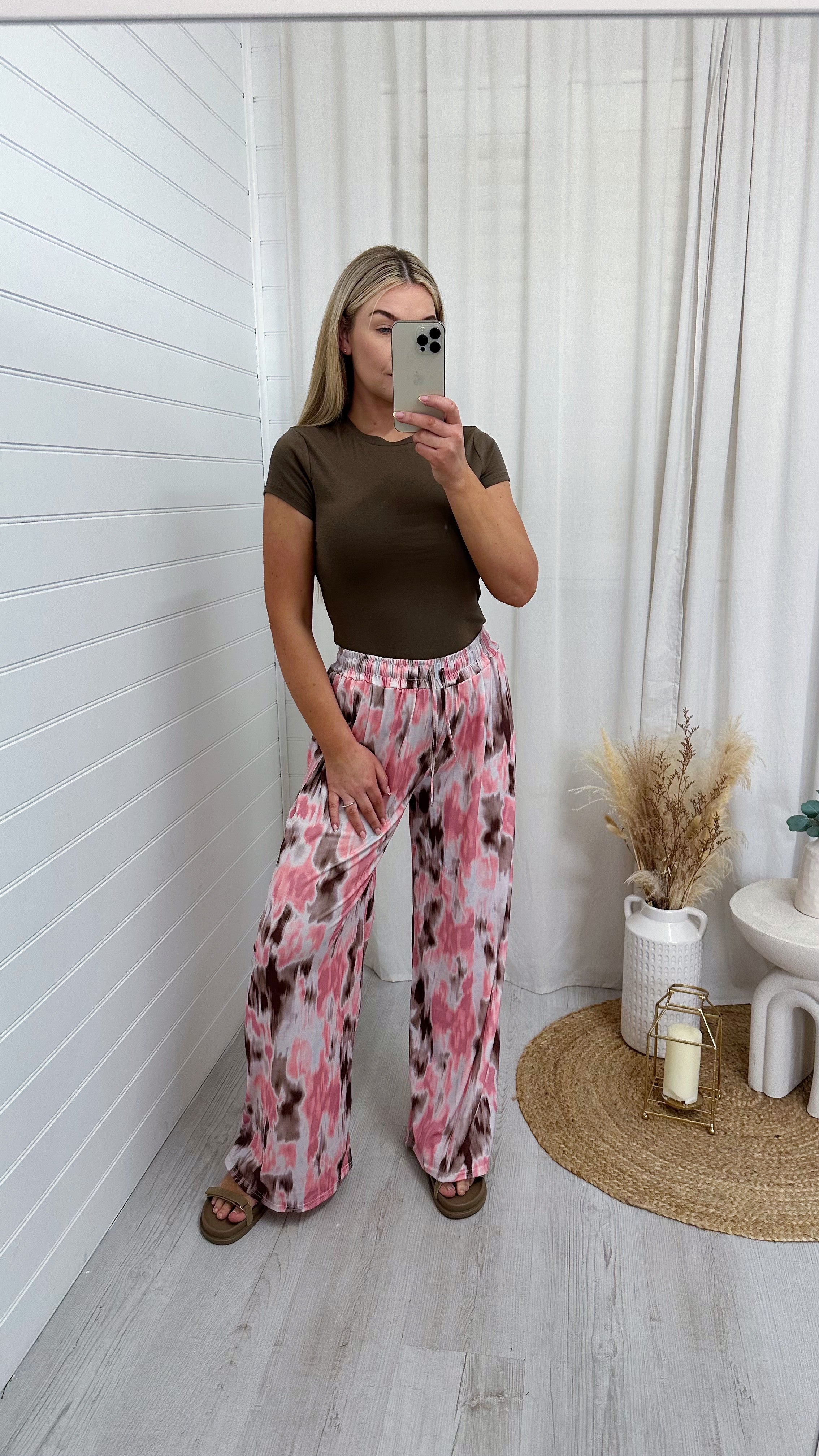Stretchy Wide Leg Pink  Water Colour Print Trousers
