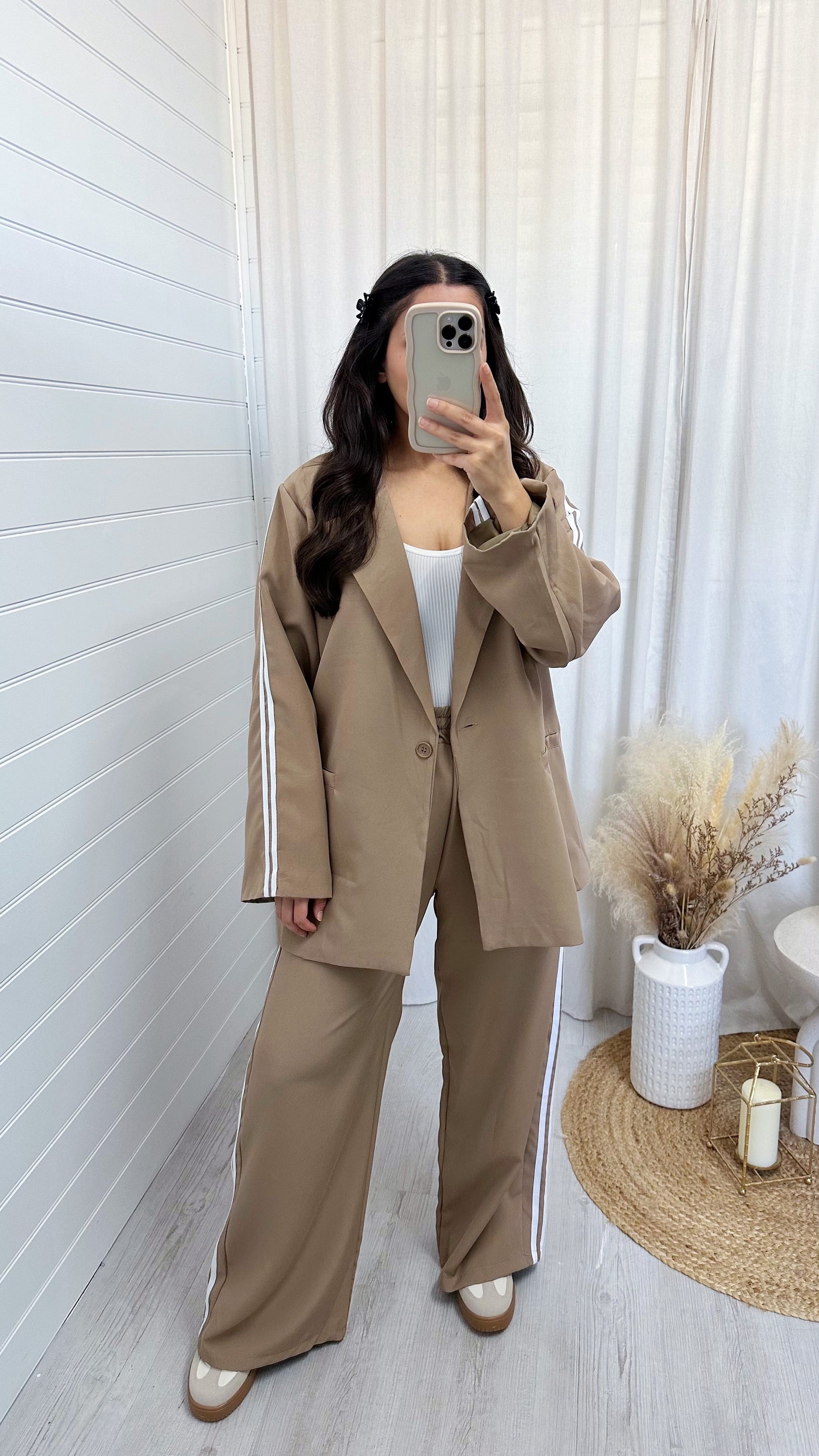 Side Stripe Oversized Blazer and Trousers Suit - BEIGE