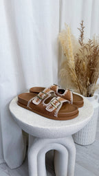 Stitch Trim Suede Sliders - TAN
