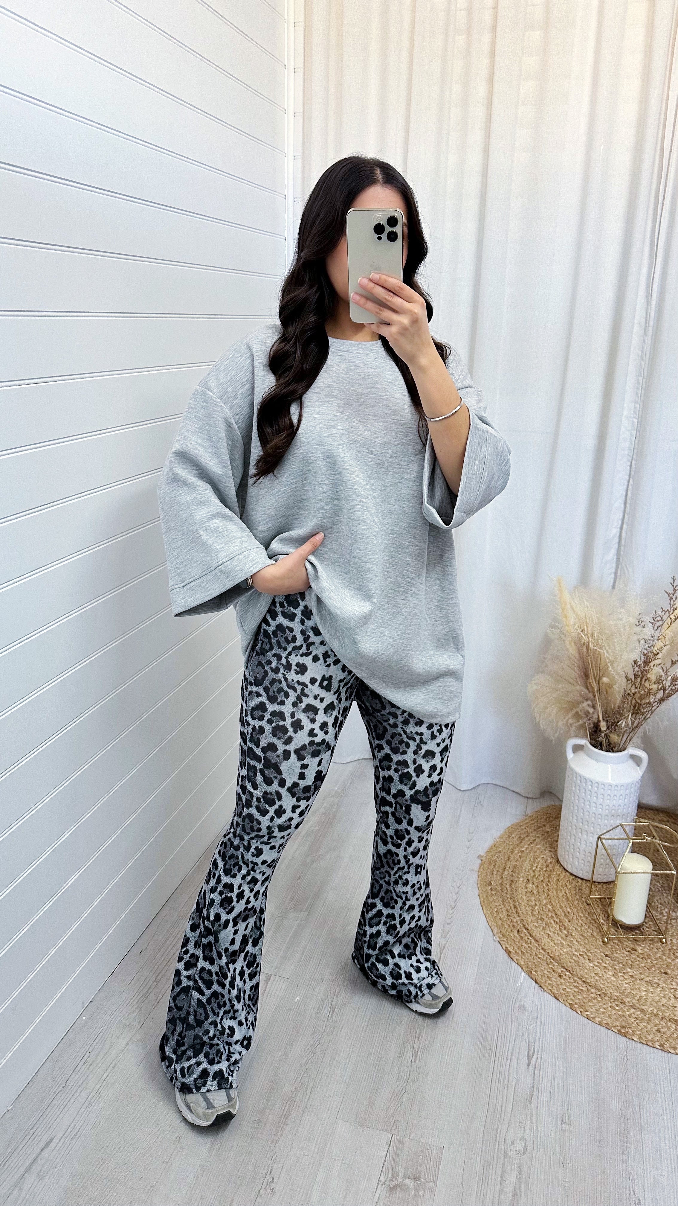 High Waisted Leopard Print Stretchy Flares - GREY