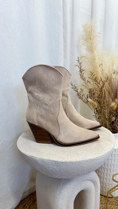 Embroidered Suede Cowboy Boots - BEIGE