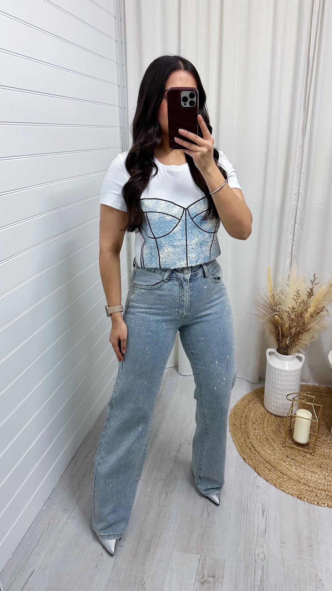 Wide Leg Rhinestone Jeans - BLUE