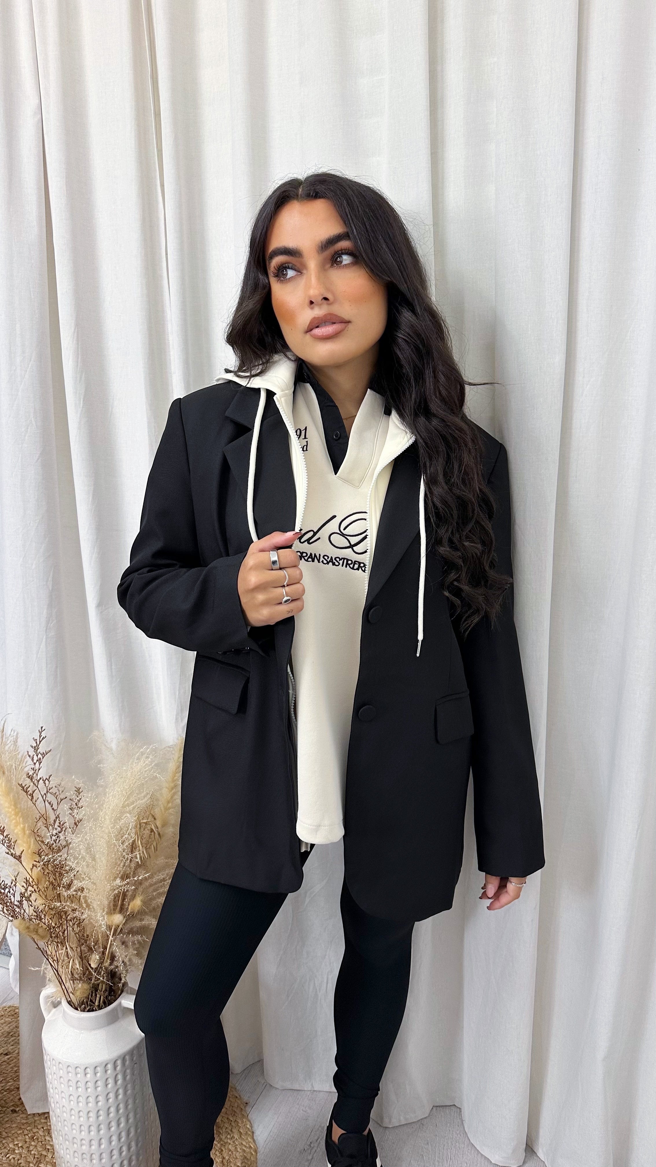 Tailored Insert Hooded Blazer - BLACK/CREAM